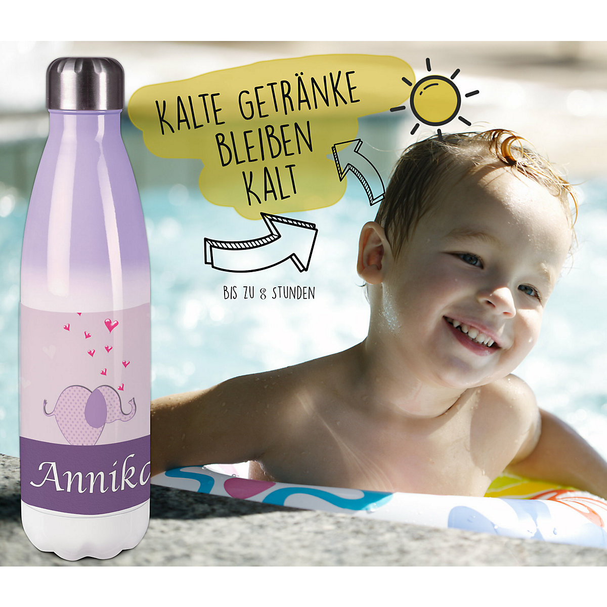 Edelstahl Kinder Thermoflasche / Trinkflasche bunt Elefant Farbe lila Spülmaschinenfest, Auslaufsicher, Bruchfest, Doppelwandig, Für Heißgetränke geeignet, Mit Deckel, Isoliert