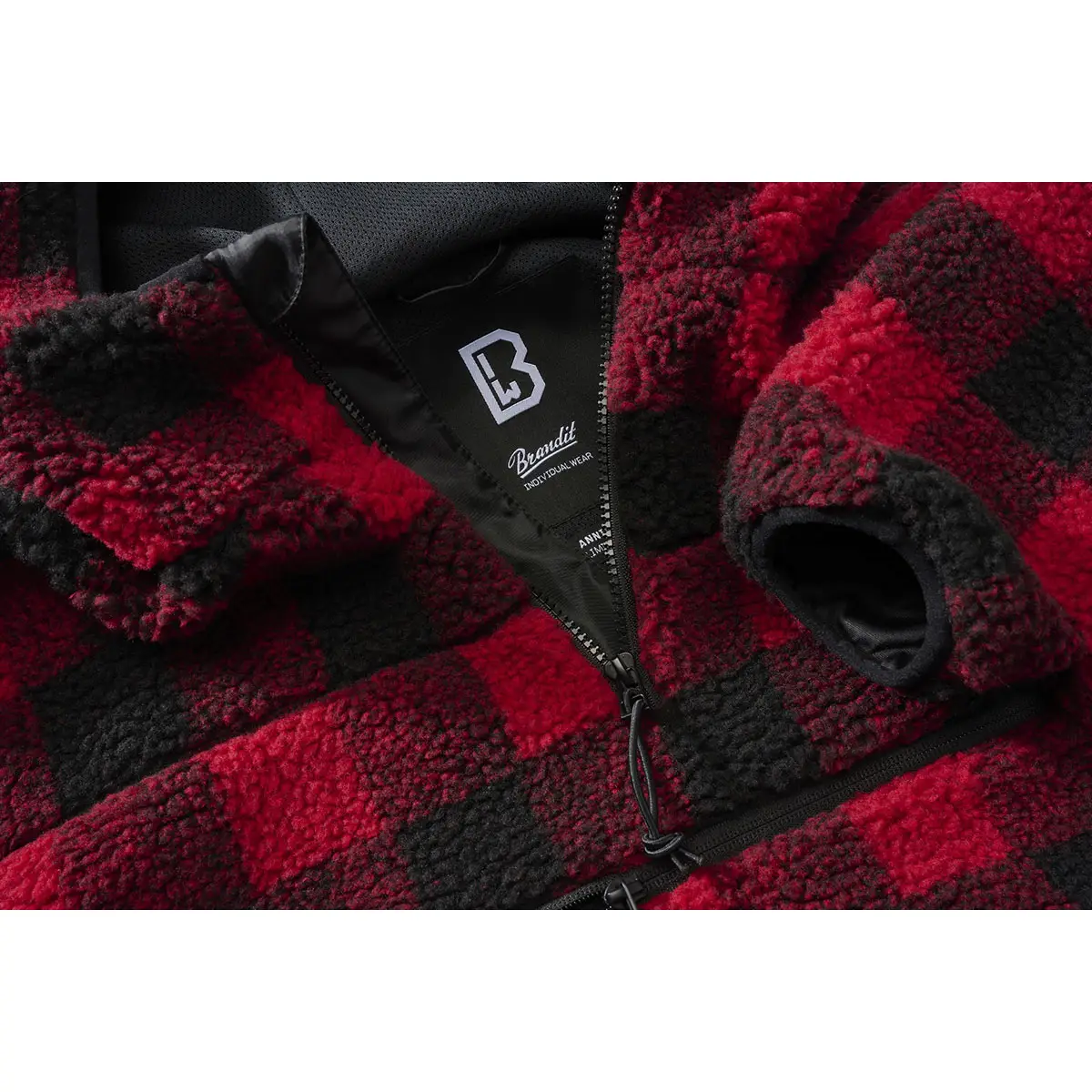 Teddyfleece Pullover mit Kapuze rot-schwarz