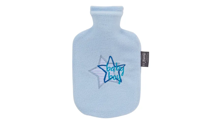 fashy Wärmflasche 0,8l mit Bezug Hellblau mit Stickerei Baby Boy