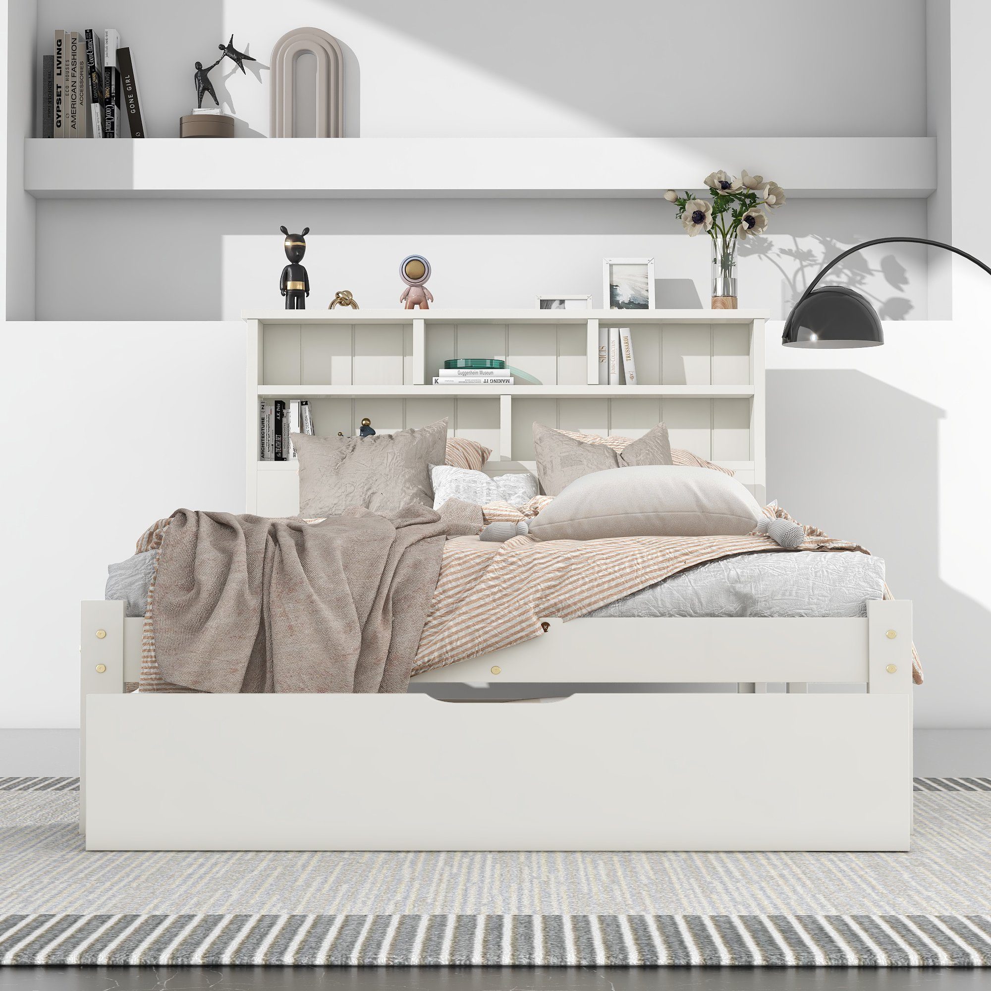 OKWISH Massivholzbett Kinderbett (90x200cm Weiß), mit Schubladen und Lattenrost,Bücherregal