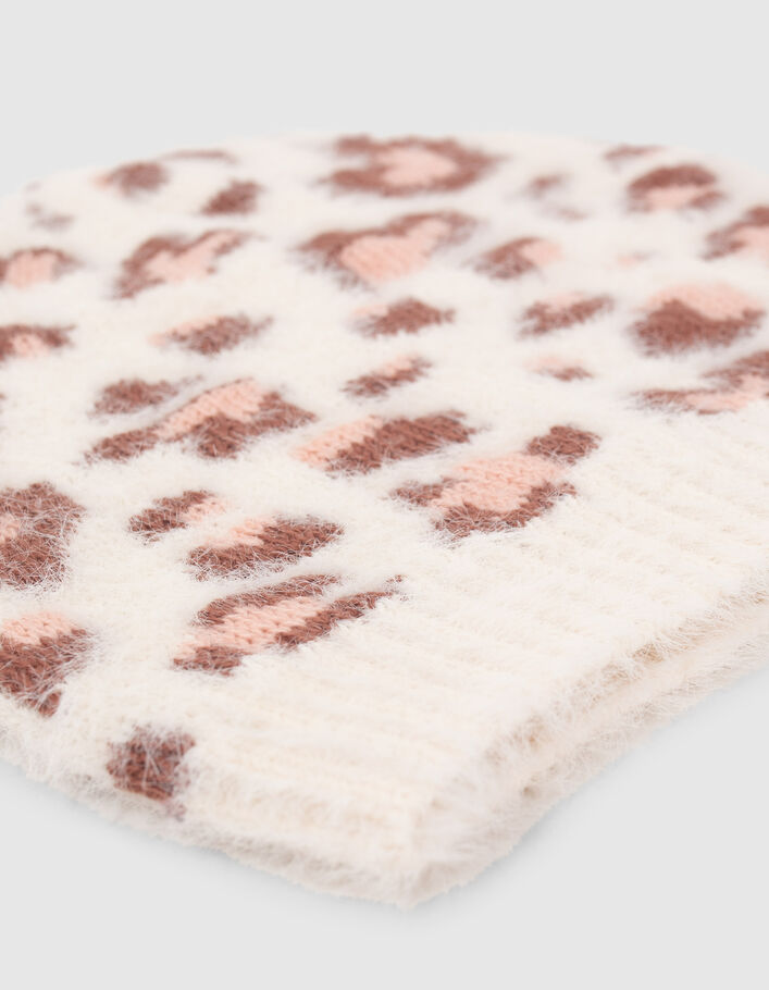 Bonnet écru tricot motif léopard-coeurs fille