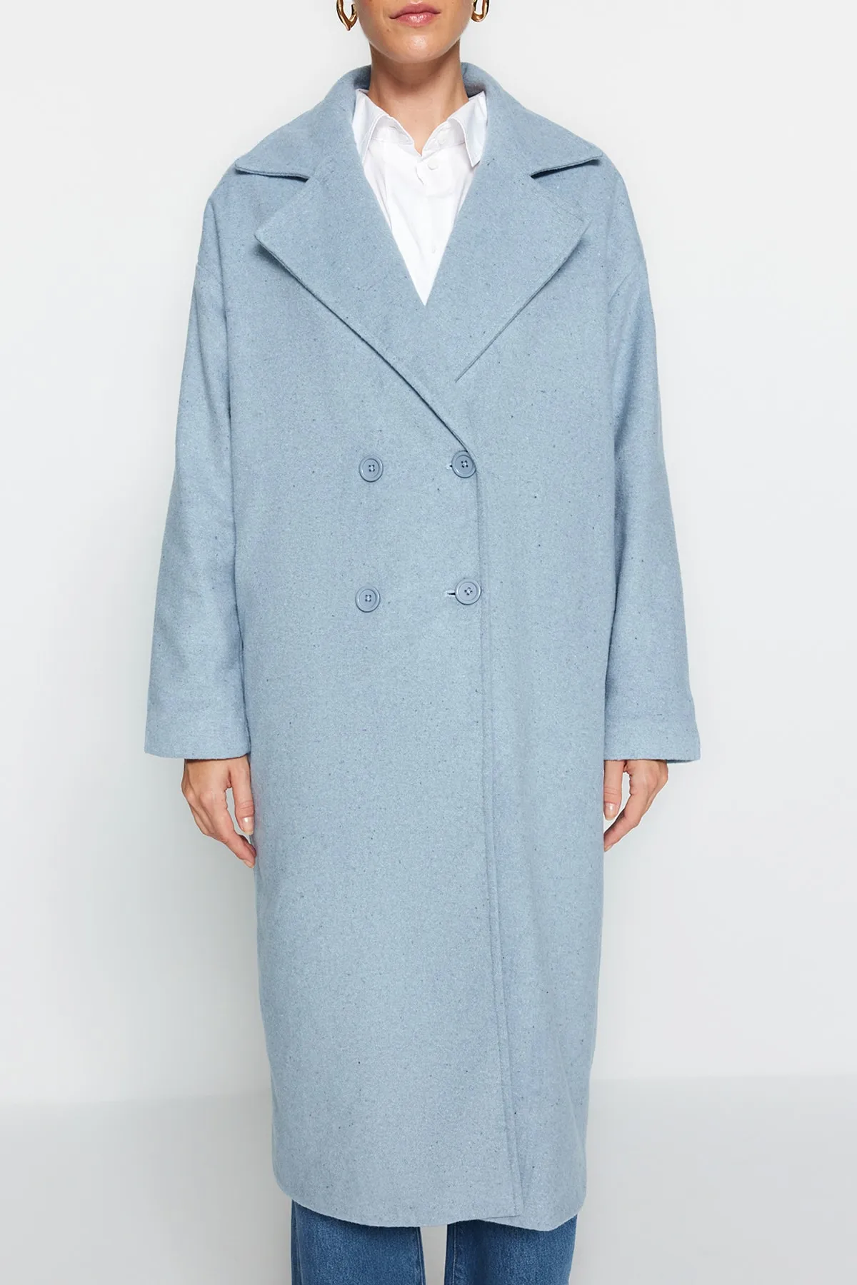 Trendyol Collection  Blauer, übergroßer, weit geschnittener, langer Wollmantel mit Stempelmuster TWOAW21KB0038