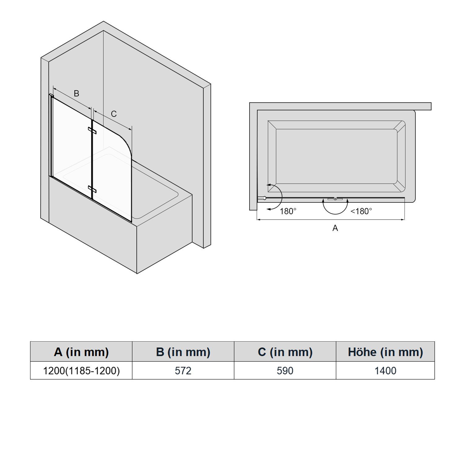 SONNI Badewannenaufsatz Badewannenfaltwand 2-teilig Faltbar, Schwarz, Breite 120cm NANO, Einscheibensicherheitsglas mit Nano Beschichtung, für Badezimmer, faltbar, Badewannenfaltwand, ohne/mit Seitenwand