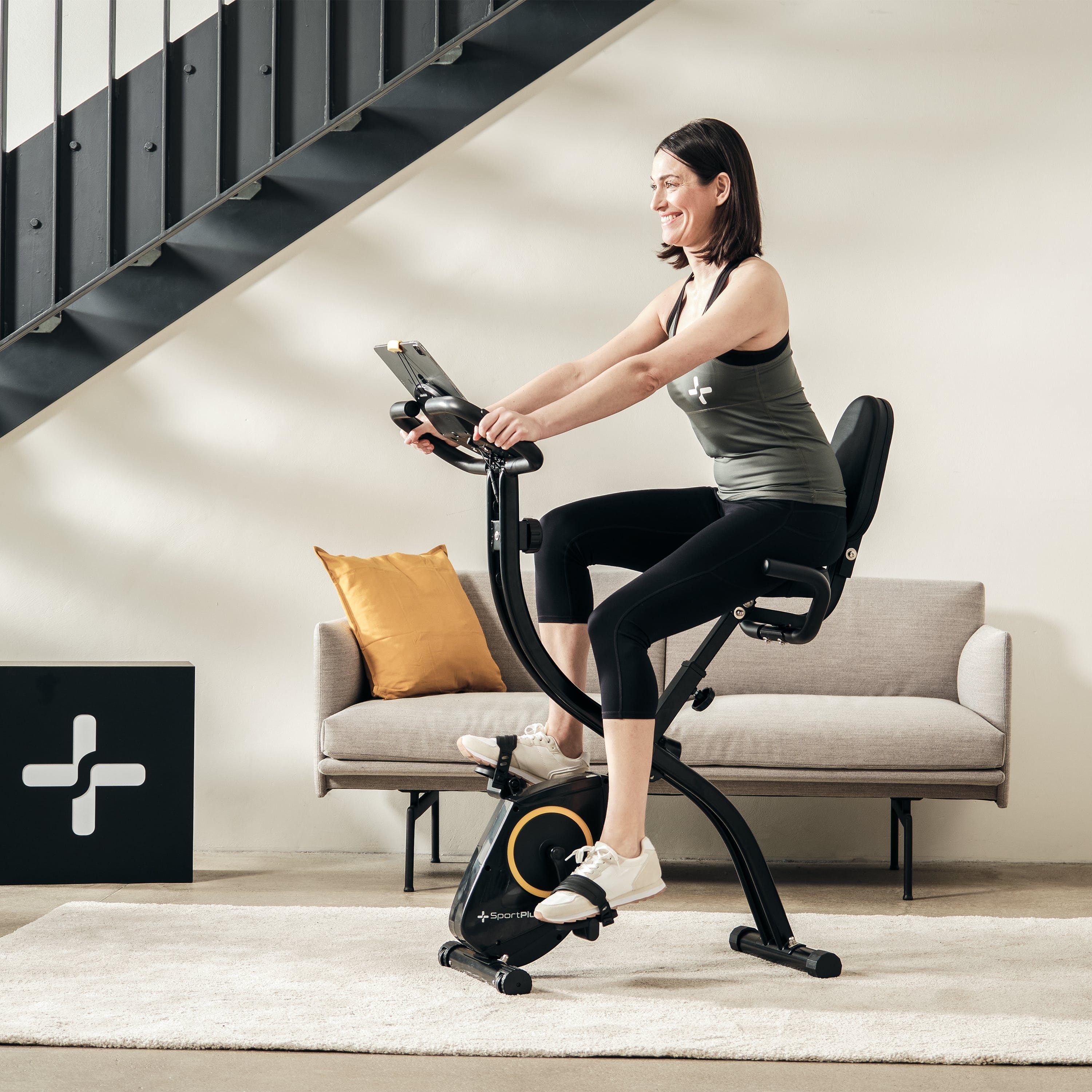 SportPlus Heimtrainer SP-HT-1300-B-iE, Heimtrainer, X-Bike, klappbar für Zuhause, Rückenlehne, 8 Stufen