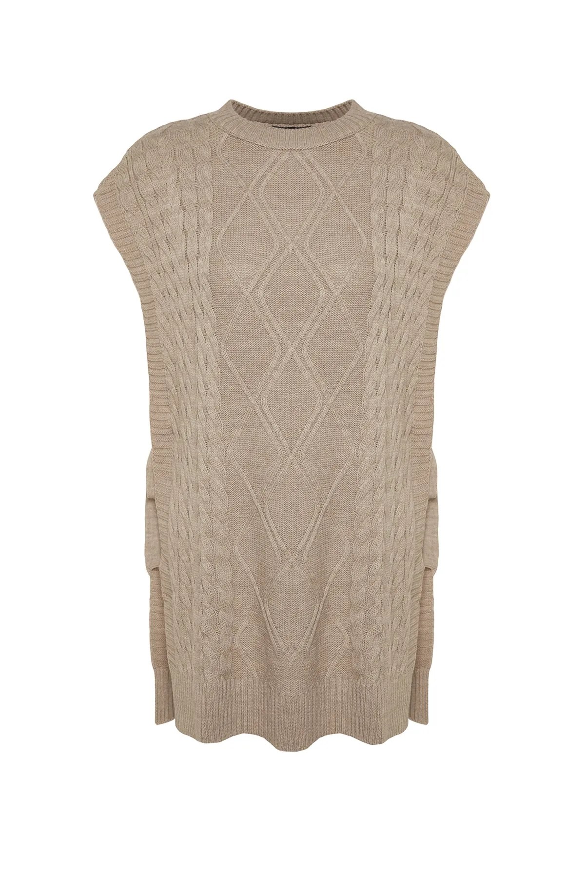 Trendyol Modest  Steinfarbener geflochtener Strickpullover mit Bindeband an der Taille TCTAW22UV0018