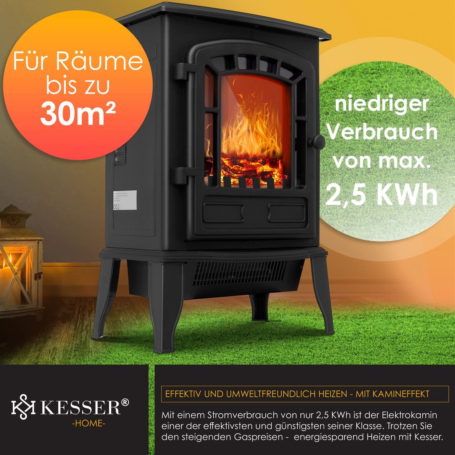 KESSER Heizgerät, 2000 W, Elektrokamin mit Heizlüfter Fernbedienung 2000W Elektro Kamin