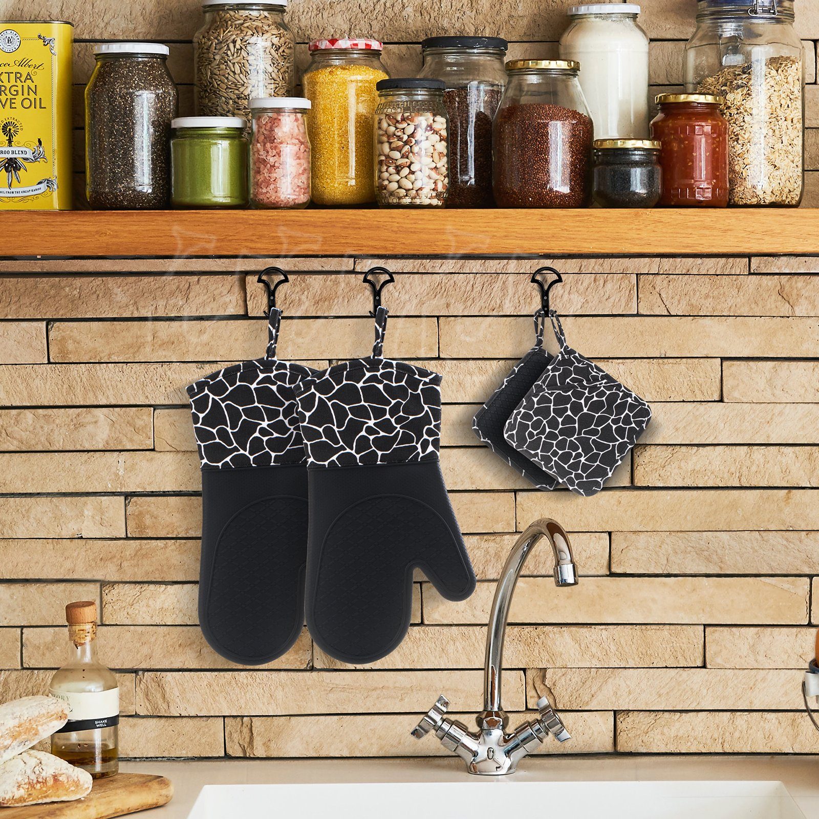 Elegear Topfhandschuhe 2 Topflappen, 1Paar Handschuhe, Hitzebeständig, rutschfest, (4-tlg), mit Halbsilikonpads, Topflappen für Kochen, Backen, Grillen, Schwarz