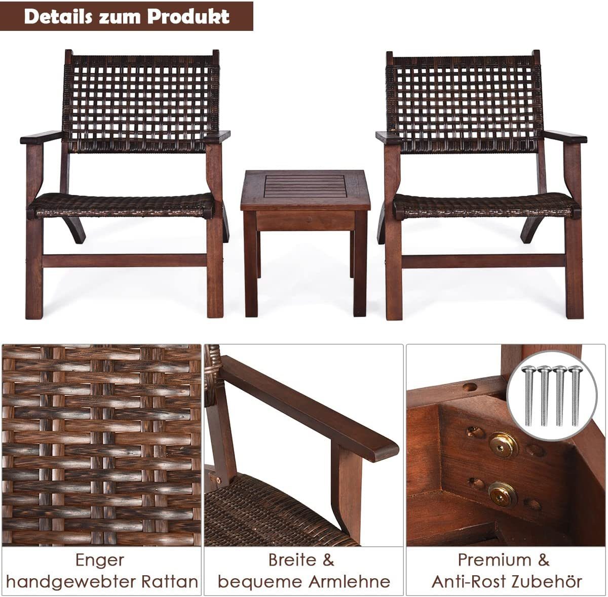 KOMFOTTEU Gartenbar-Set 3-teiliges Terrassenmöbel-Set, 2 Stühle aus Eukalyptusholz