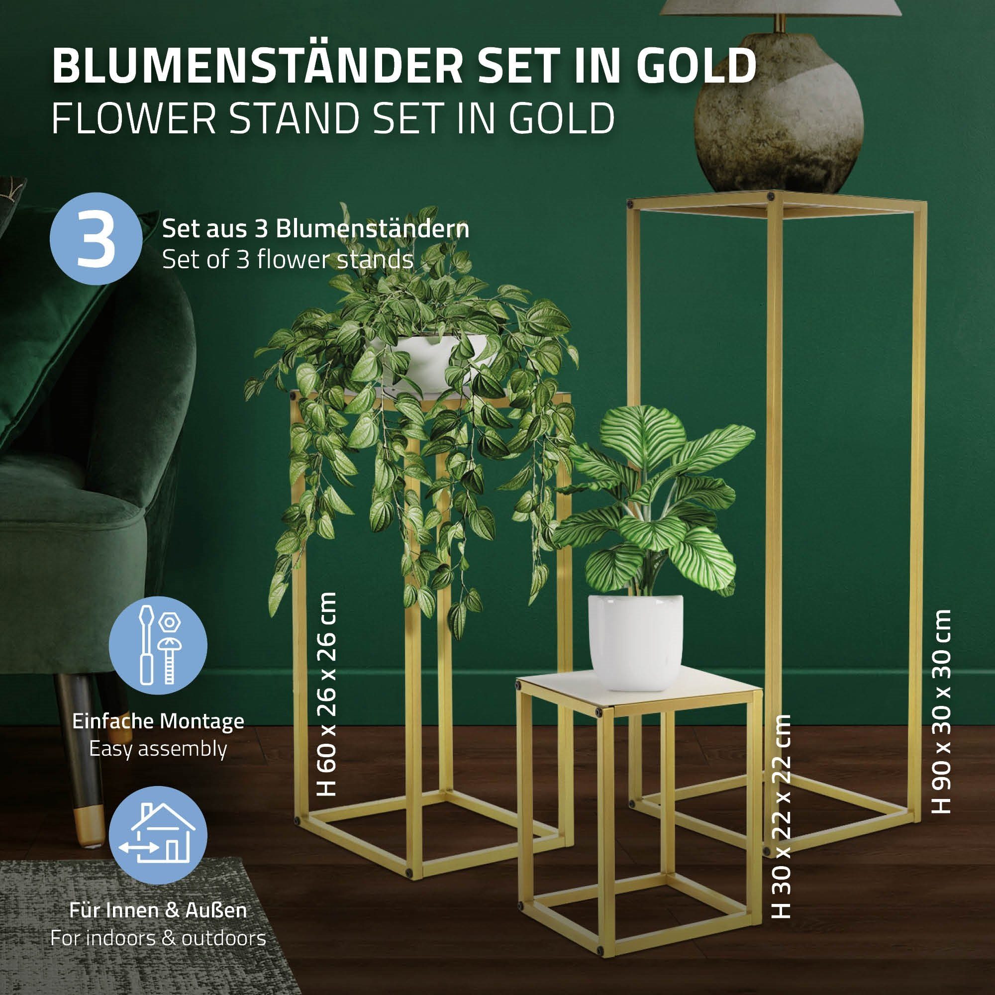 ML-DESIGN Blumenständer Deko Blumenhocker Blumensäule Säulentisch Pflanzenständer (3er Set), 3er Set Metall Gold 22x22x30/26x26x60/30x30x90cm