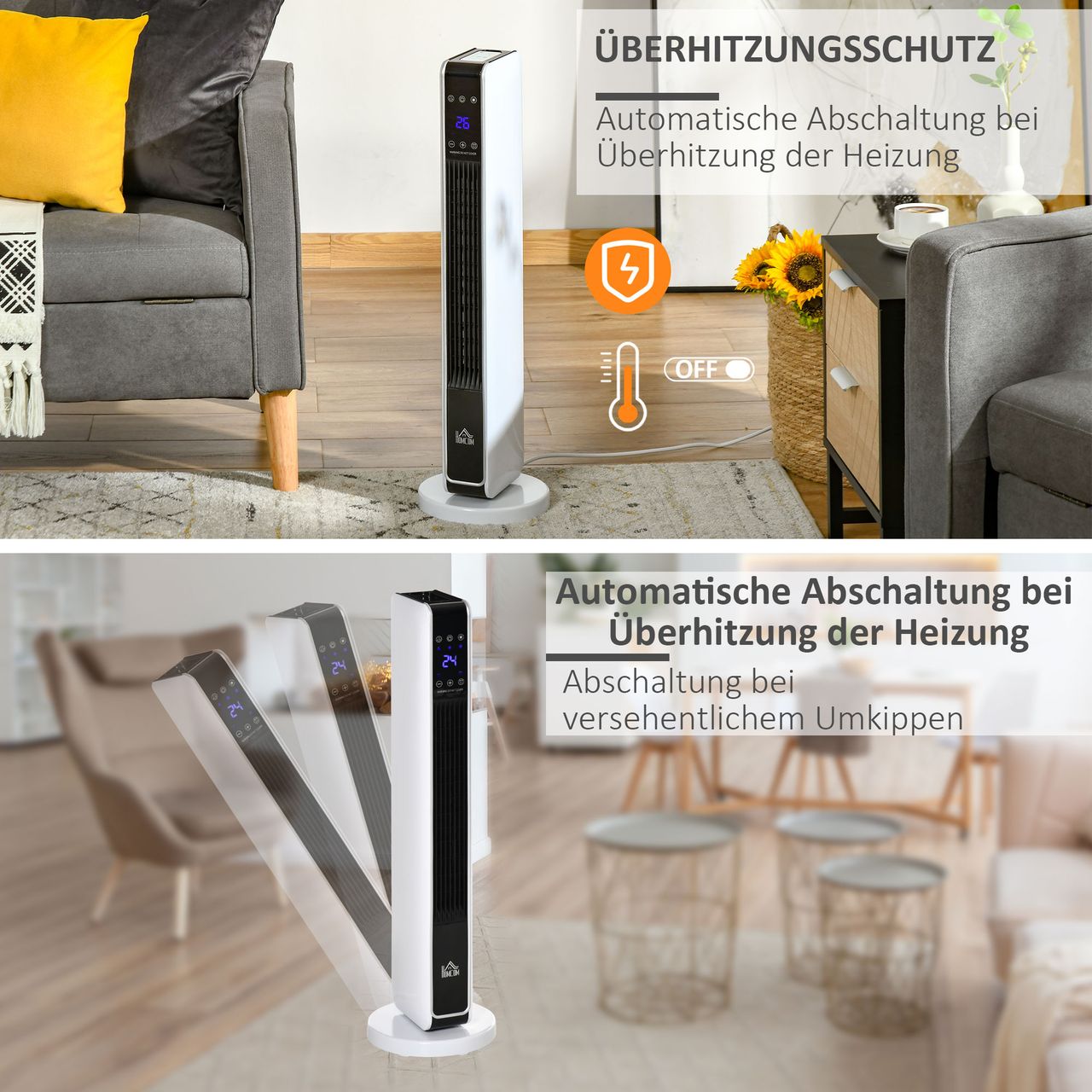 HOMCOM Heizgerät Heizlüfter 2200W Elektroheizer Keramik Heizturm mit Fernbedienung 8-Stunden-Timer Oszillation Heizer Heizung ABS PA Weiß Schwarz 21 x 21 x 73 cm