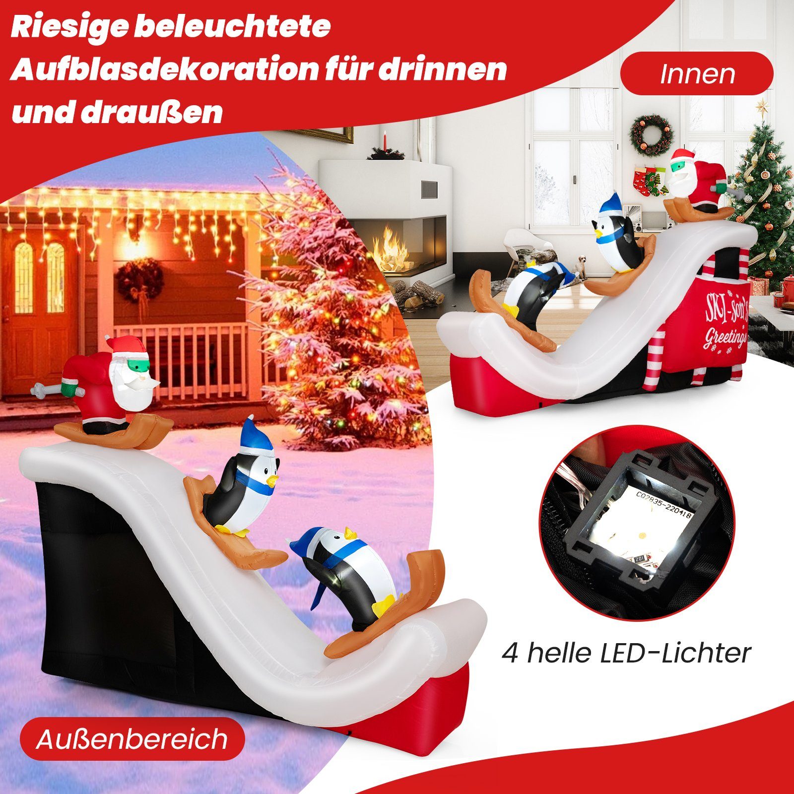 COSTWAY Weihnachtsmann, mit Skifahrenden Pinguinen, aufblasbar, 220 cm
