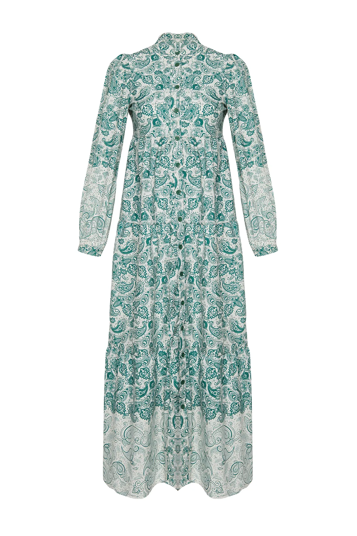 Trendyol Modest  Blaues, gewebtes Hemdkleid mit ethnischem Muster und vorherrschendem Kragen in Leinenoptik TCTSS23EB00286