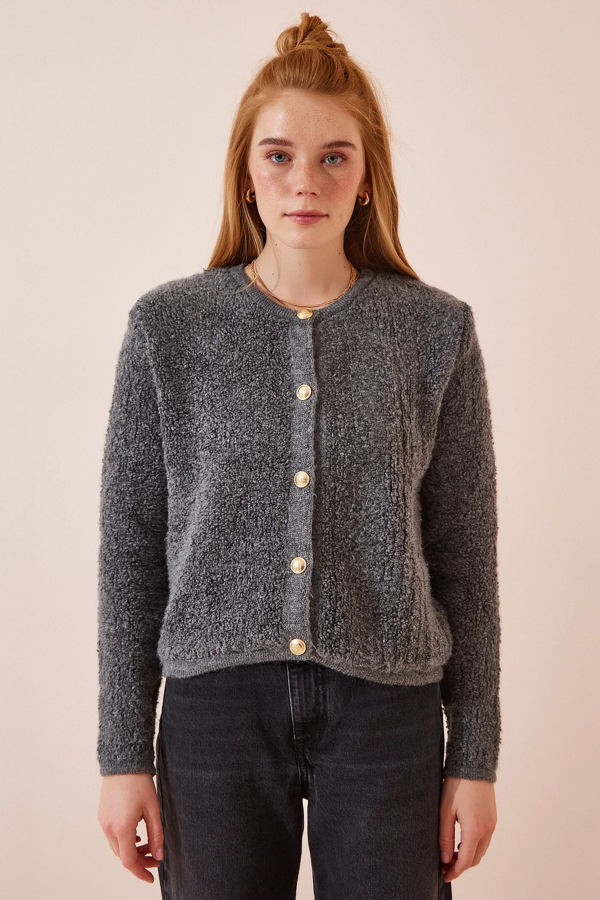 Happiness İstanbul  Anthrazitfarbene Bouclé-Strickjacke für Damen, Cardigan YY00117