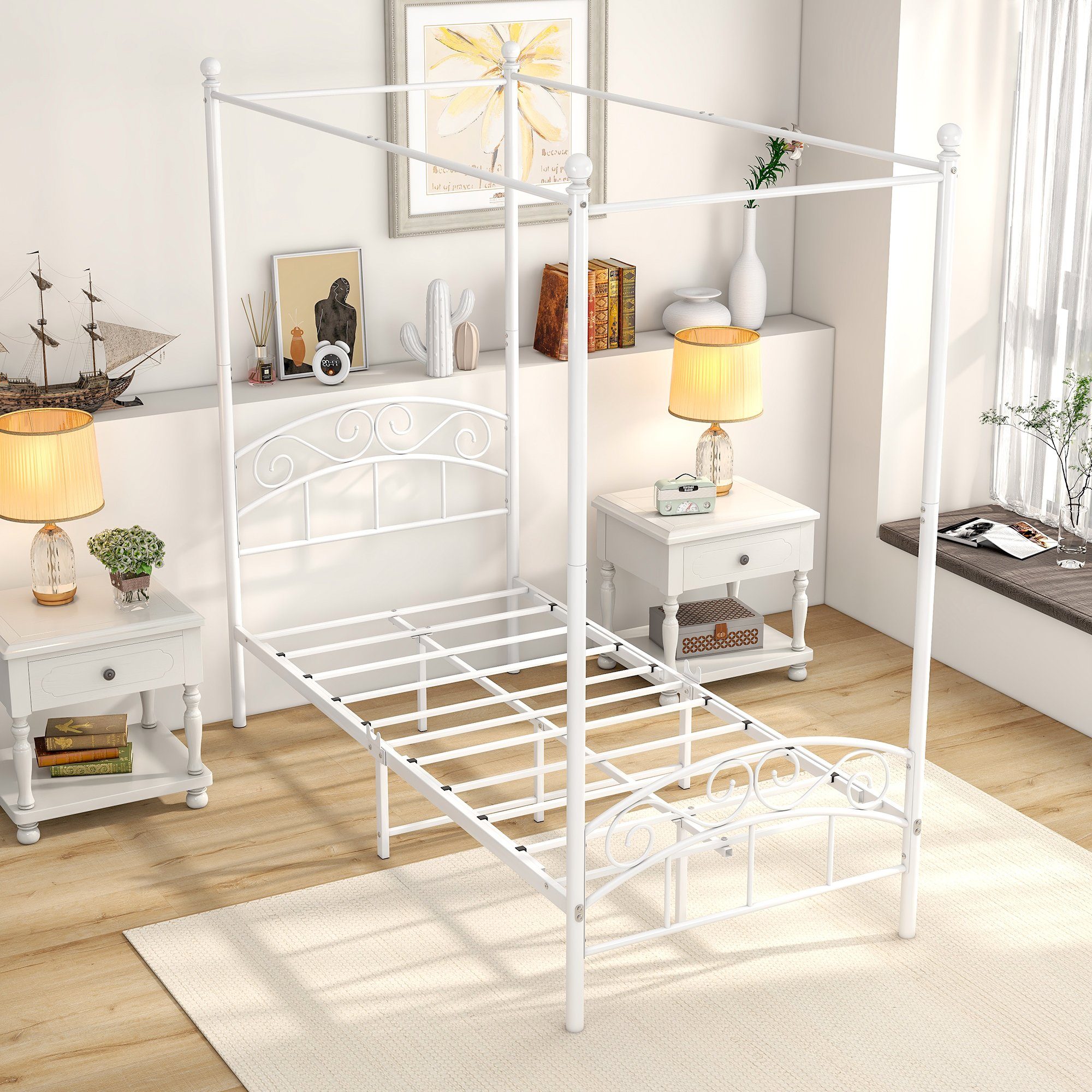 Gotagee Himmelbett Himmelbett-Gestell Metall Himmelbett Eisenbett Metallbett Weiß 90x200