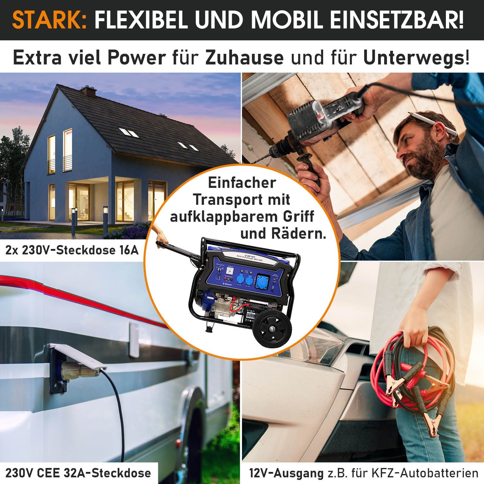 BRAST Stromerzeuger Benzin 11kW (15PS) mit 420cm³ 5000 Watt 4-Takt-Motor E-Start, (Zahlreiche Anschlüsse für flexiblen Einsatz lange), Laufzeiten bis zu 22 Stunden Generator Stromgenerator
