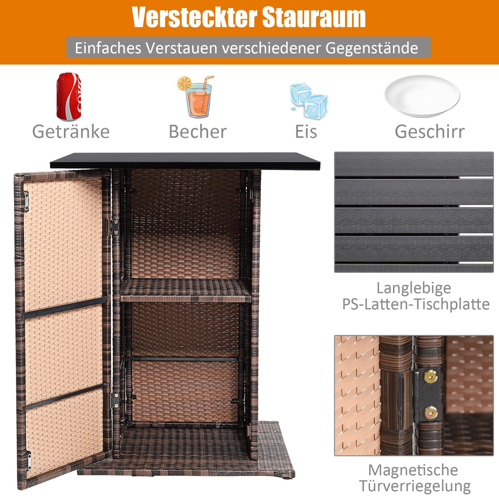 COSTWAY Gartenbar-Set, 5-tlg, Rattan, Tisch mit Stauraum&4 Hockern mit Kissen