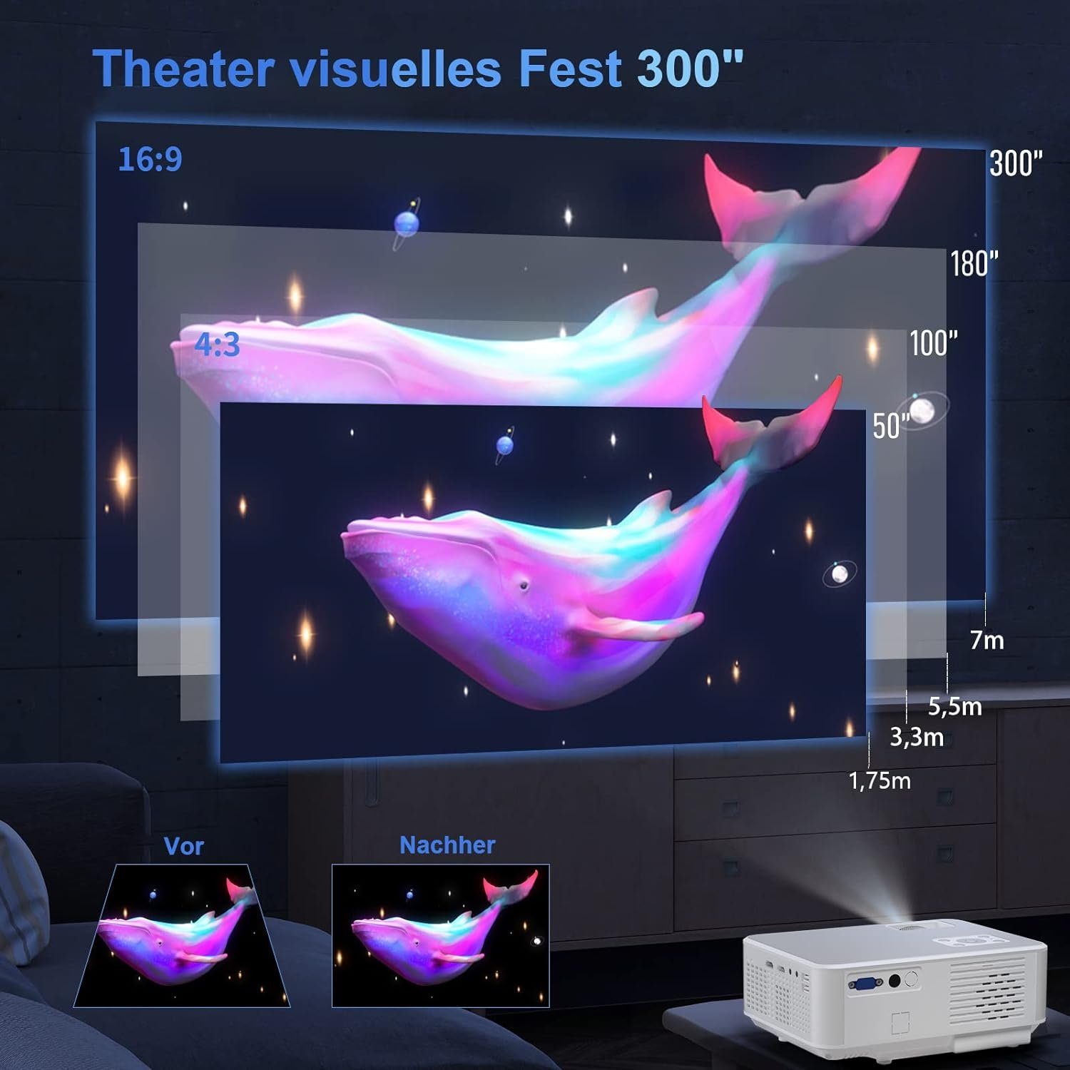 Vigpil 4K Full HD Mini Heimkino, 5G WiFi,Bluetooth, Outdoor Portabler Projektor (15000 lm, 15000:1, 3840 x 2160 px, Home Video Beamer Kompatibel mit iOS/Android/HDMI/USB/VGA/PS5/TV Stick)