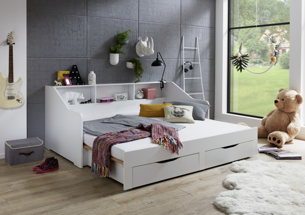 Relita Funktionsbett RENE von 90 auf 180 x 200 cm ausziehbar, mit 2 Schubladen & Regal, weiß