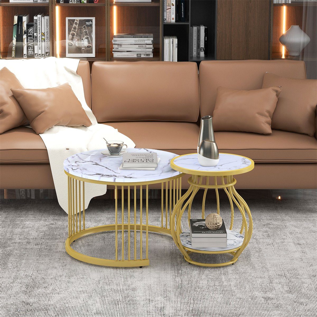 XDeer Couchtisch Couchtisch 2er Set,robustes Sofatisch Wohnzimmertisch Rund, Beistelltisch mit golden Eisengestell(70*70*45.5/45*45*53.5cm)