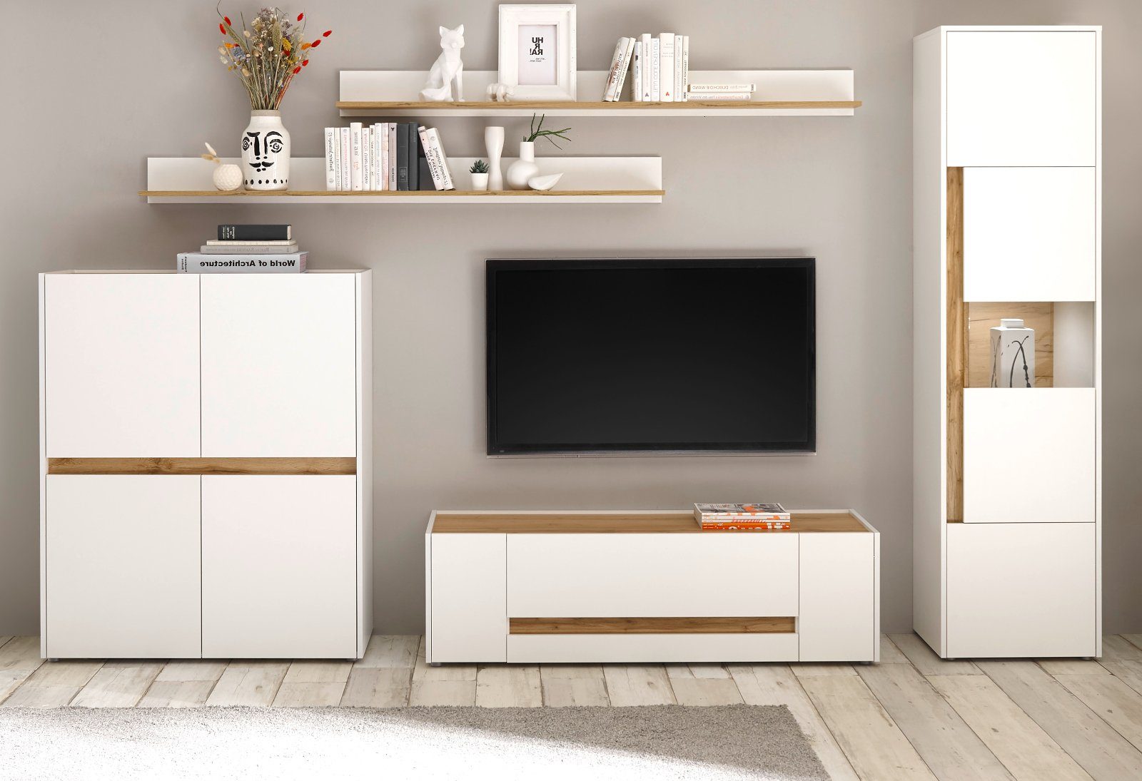 Furn.Design Wohnwand Center, (Wohnzimmer Set 5-teilig in weiß mit Wotan Eiche, 330 x 197 cm), 14 Stauraum-Fächer