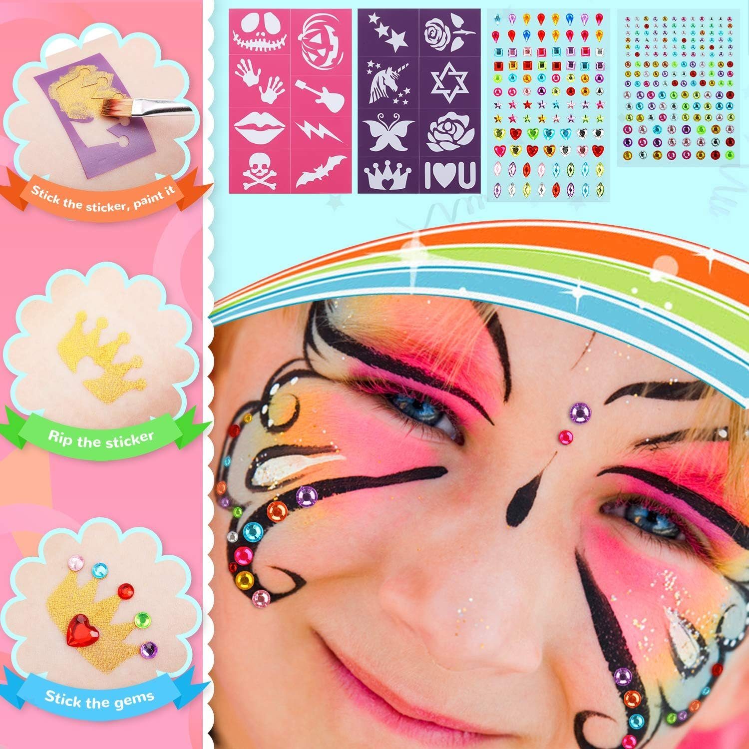 LENBEST Schmink-Set Kinderschminke Set, Kinder Schminkkoffer, Schminke Kinder 17 Farben Glitzer Pinsel Schablonen, Kinder Prinzessin Kosmetikset, Mädchen Rollenspiel Spielzeug