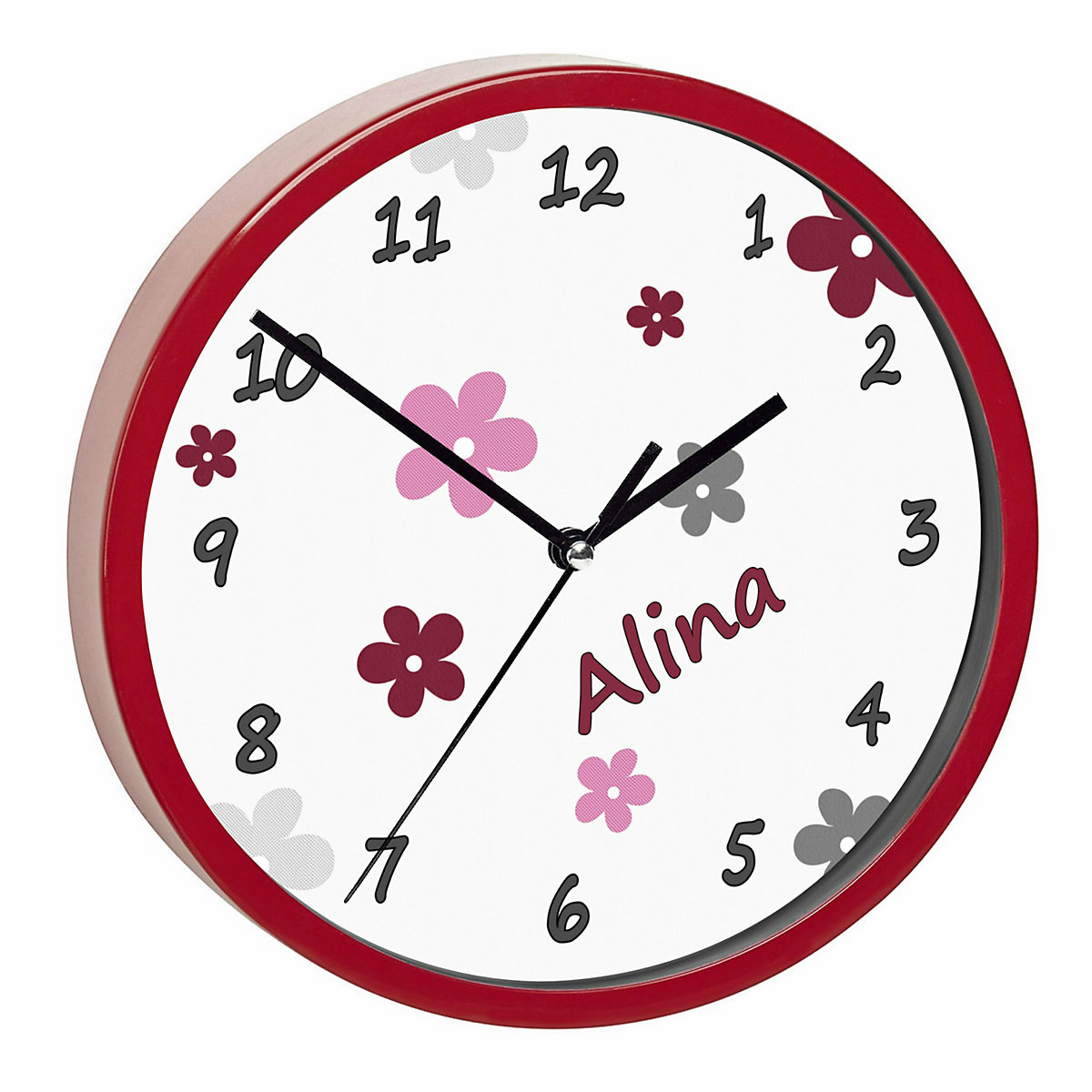 Kinder Wanduhr personalisiert mit Name Blumen Brombeere Grau