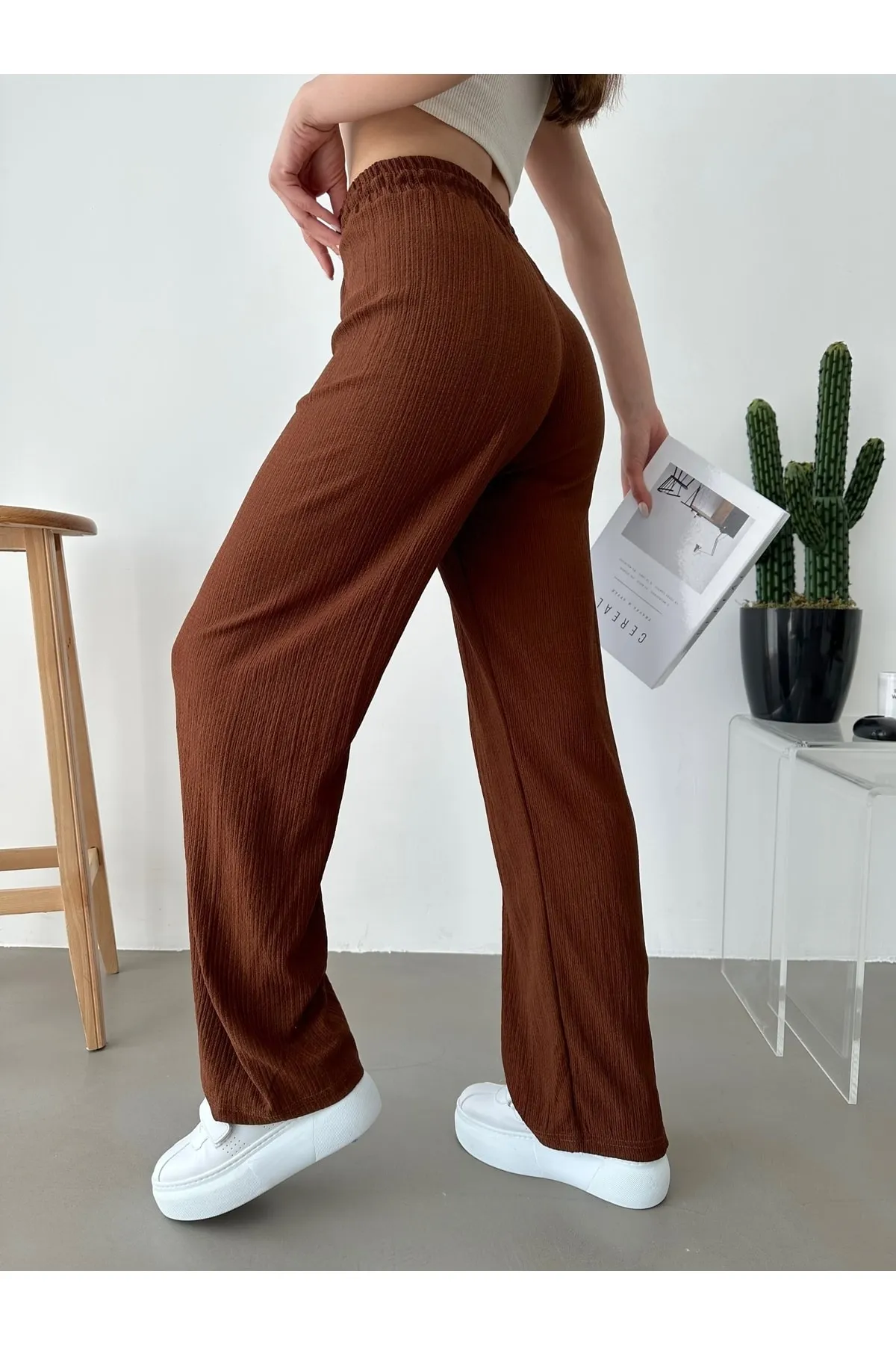 BEJNA  Braune Palazzo-Hose mit elastischem Bund für Damen