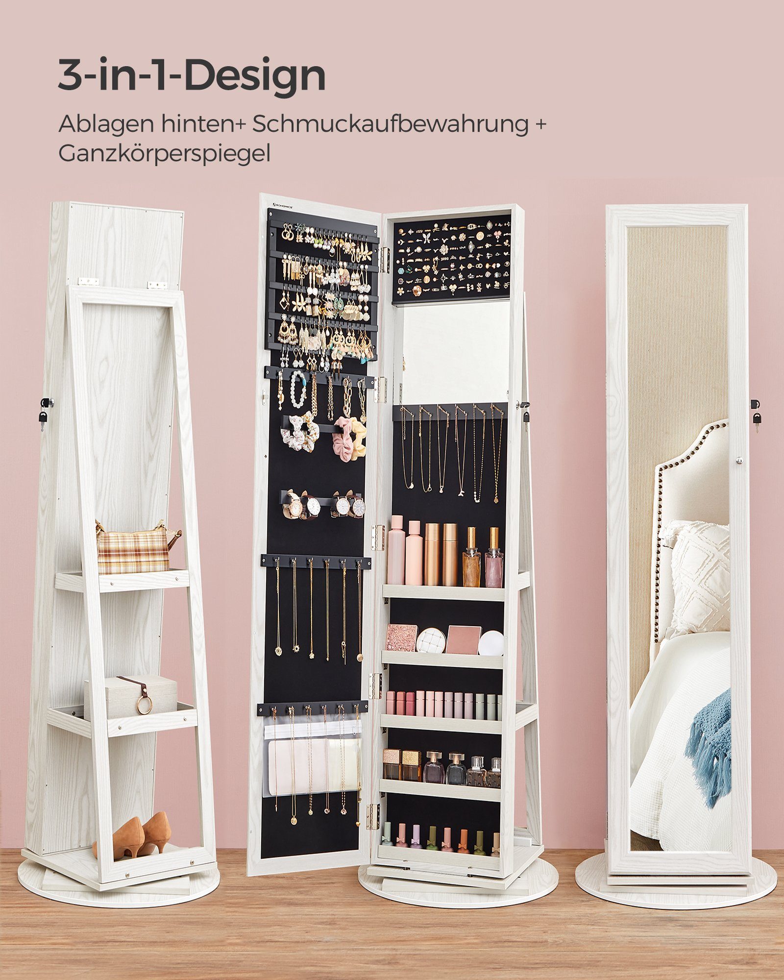 SONGMICS Schmuckschrank Spiegelschrank Schlüsseln, Geschenkidee, 3 Ablagen