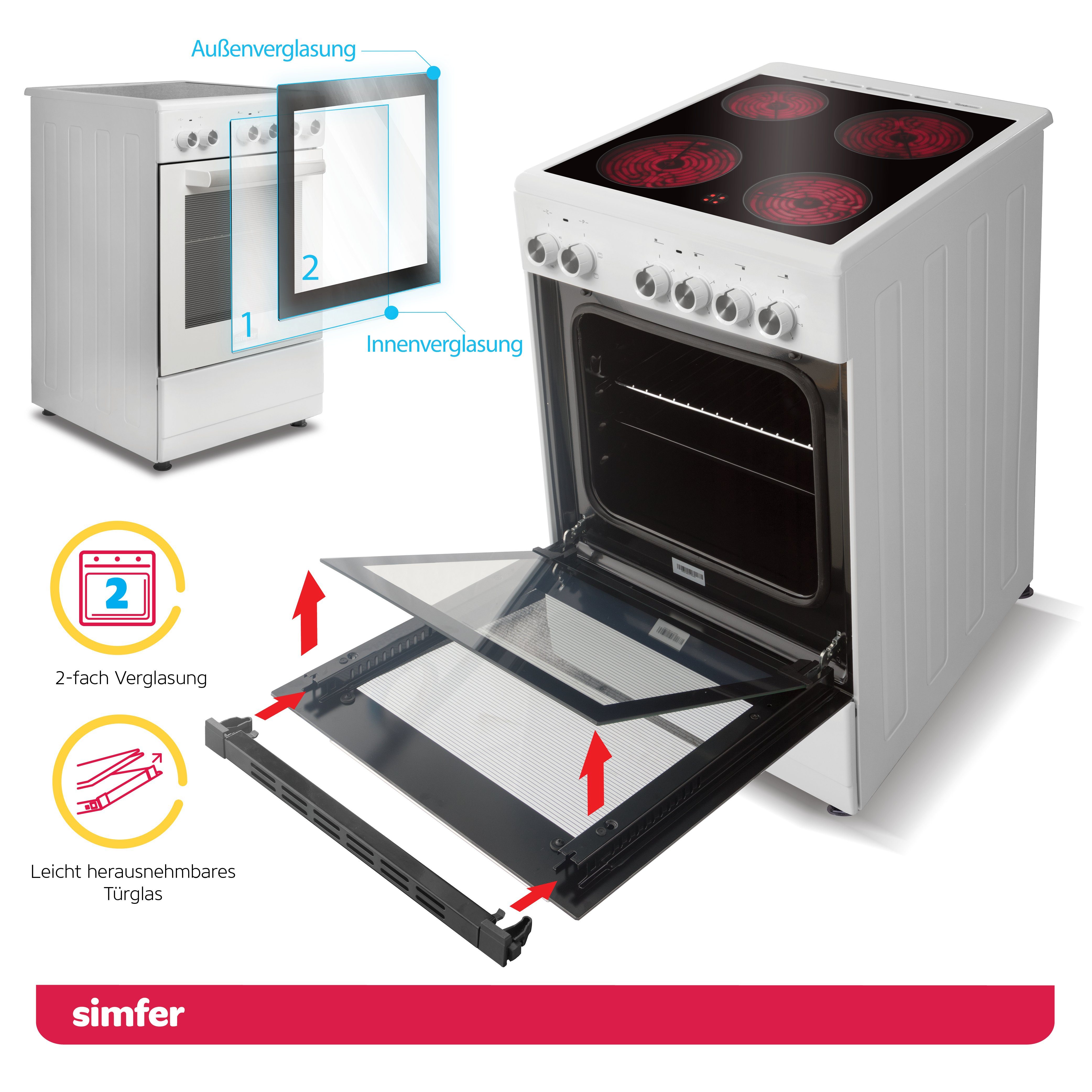 Simfer Elektro-Standherd SMF-FS 4227, 50 cm Herde, Glaskeramikkochfeld, 48 Liter, 4 Funktionen, mit Teleskopauszug nachrüstbar, Grillfunktion, Geschirrfach mit Deckel, Zweifach verglaste Backofentür