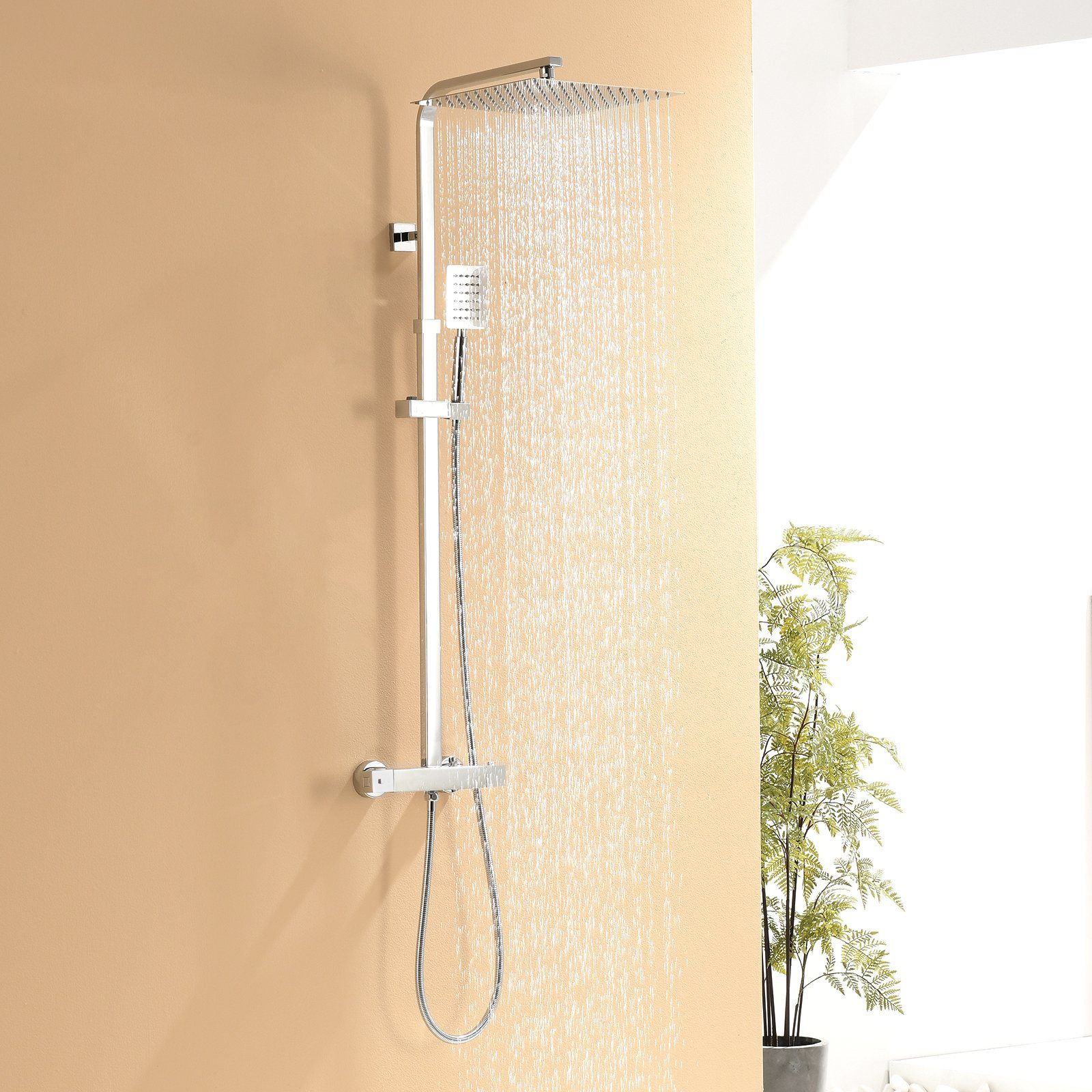 Auralum Duschsystem mit Thermostat Duscharmatur Regendusche Duschset Duschsäule Dusche, mit Quadrat Regenbrause 30 x 30 cm