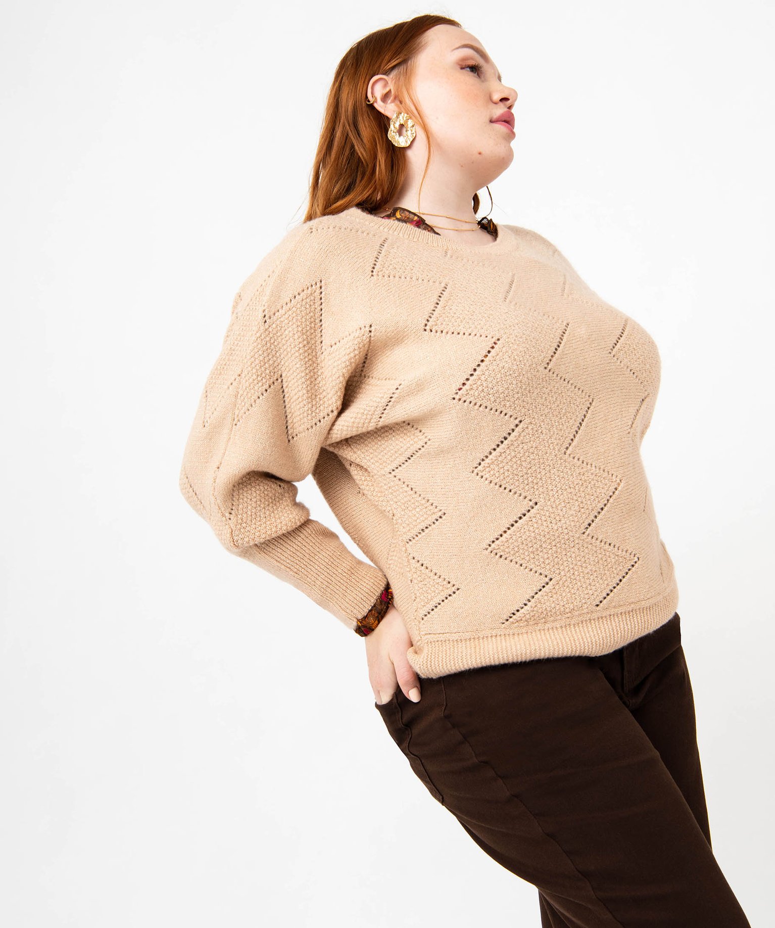 Pull pailleté à motifs zigzag et manches chauve-souris fem... ecru | GEMO