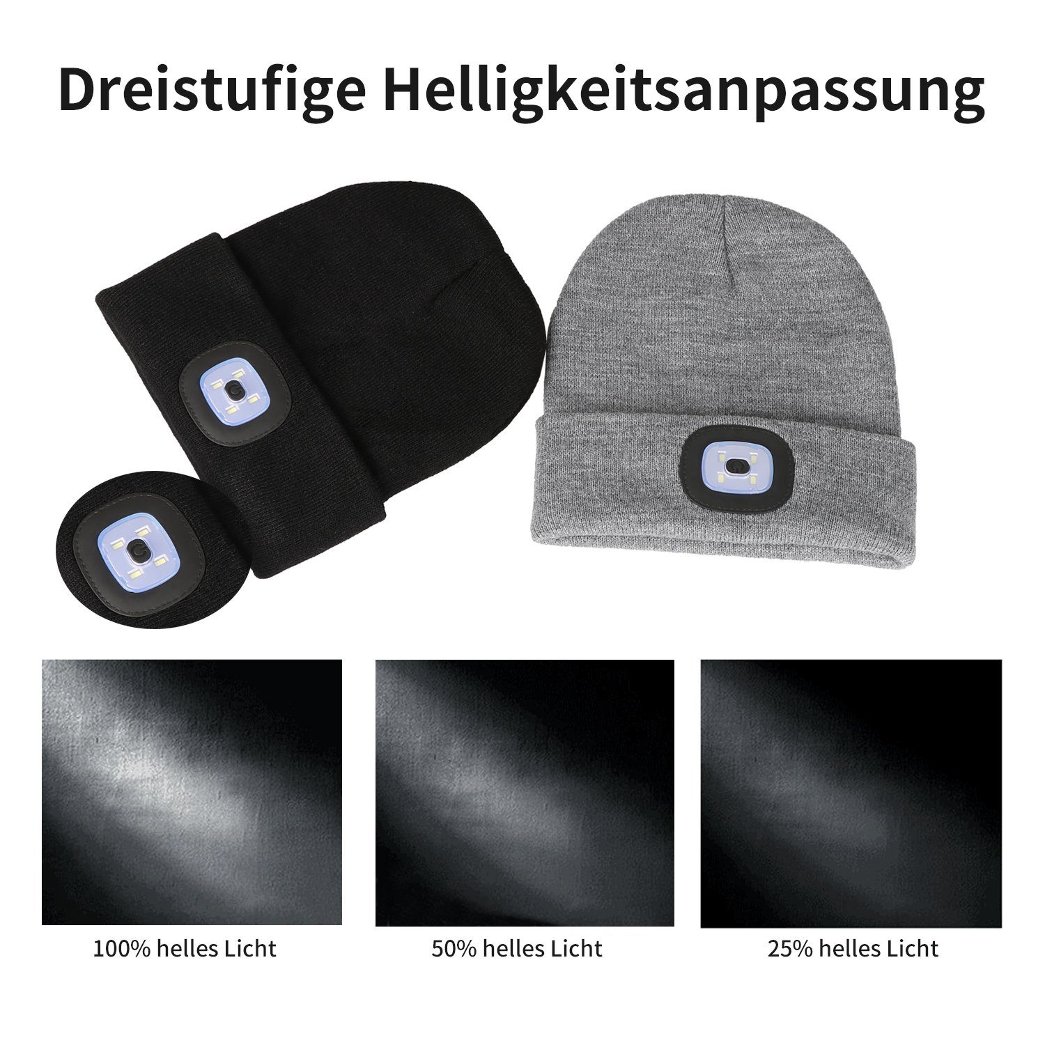 Blusmart Strickmütze Strickmütze mit Licht (Unisex-Winterwärmer-Strickkappe, USB Nachladbare LED Mütze/Hut) USB-aufladbar, LED Lampe mit drei einstellbare Stufen