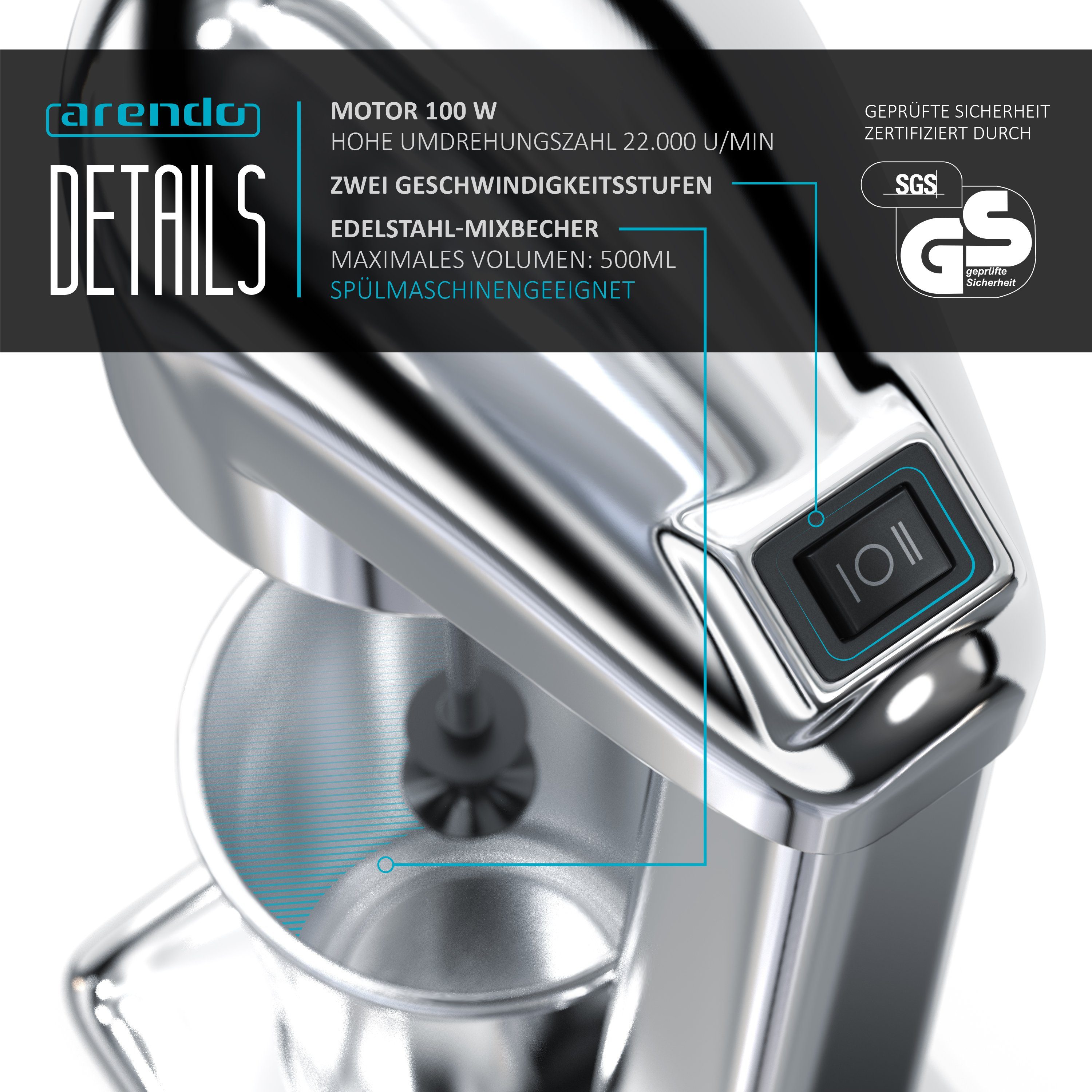 Arendo Standmixer, 100 W, Drink Mixer, Getränkemixer, Shaker, 500 ml Becher, 22.000 U/min