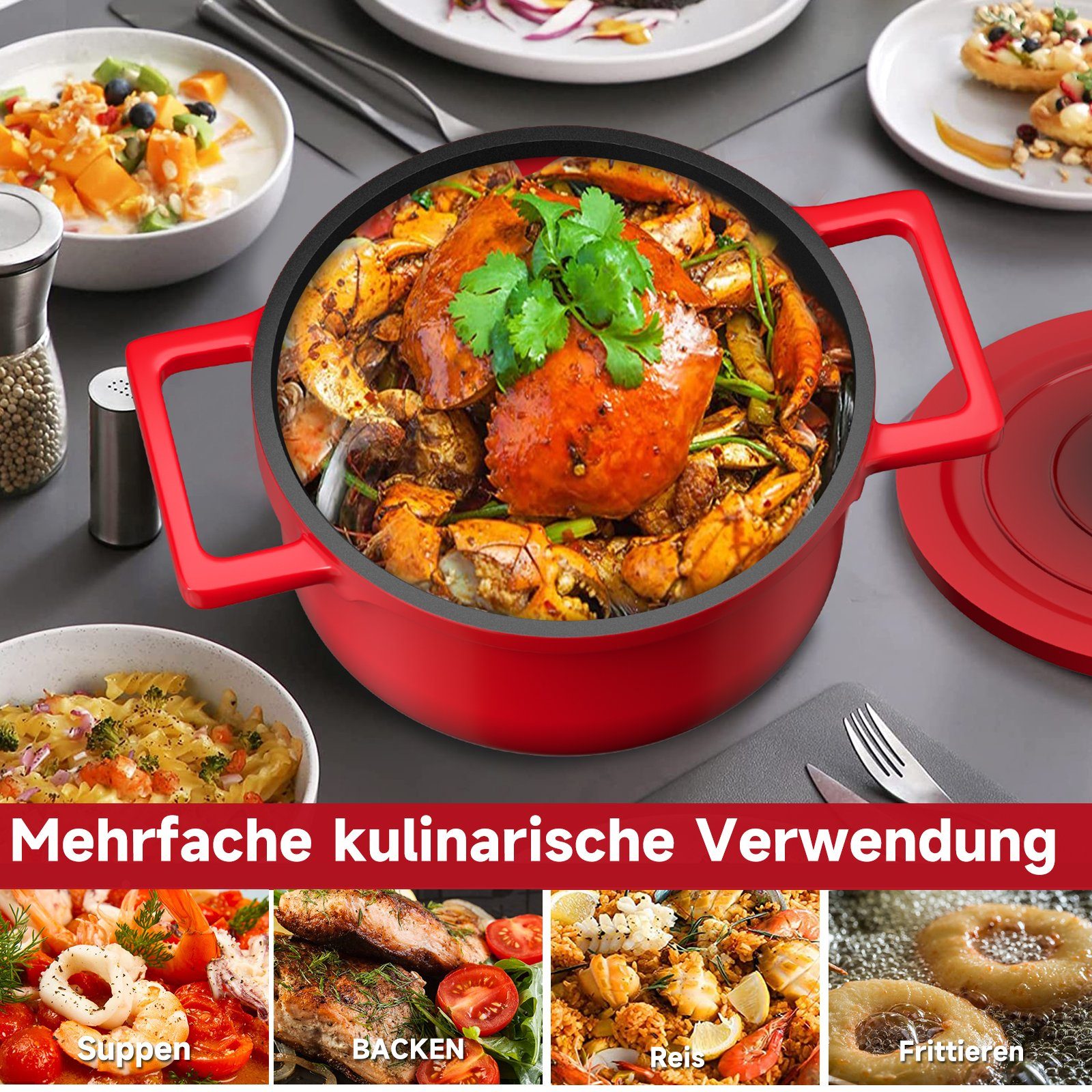 HOMELUX Topf-Set Rot Topf Induktions Kochtöpfe mit Deckel Suppentöpfe Set, Aluminium (6-tlg., für alle Herdarten), induktionsgeeignet
