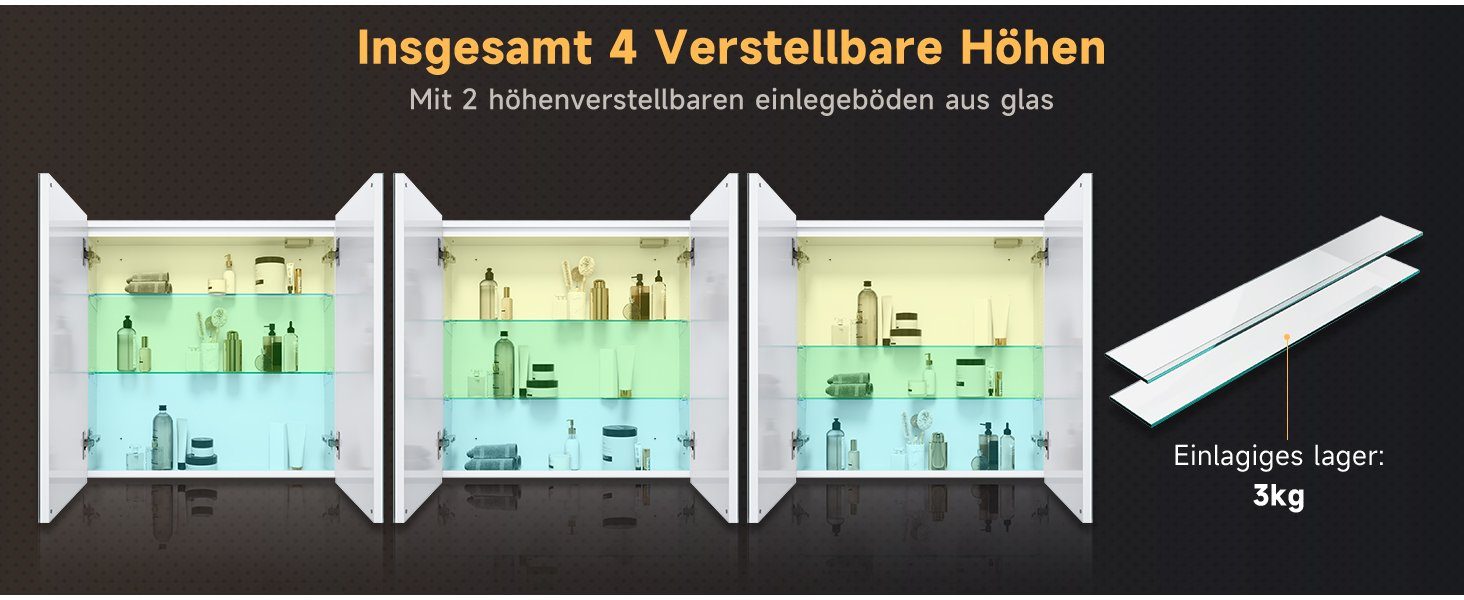 SONNI Badezimmerspiegelschrank Doppeltüriger dreifarbig beleuchteter Badezimmer-Spiegelschrank