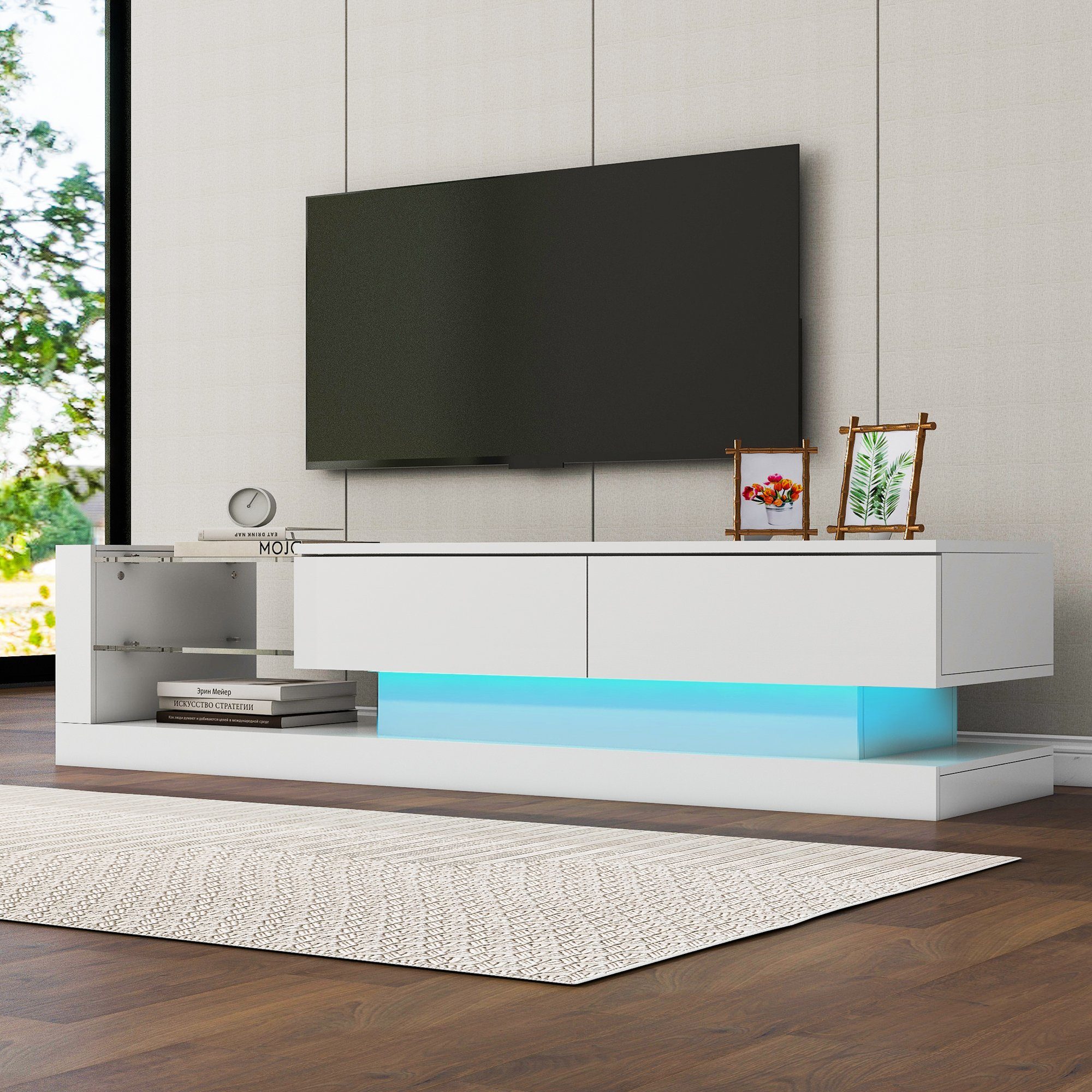 REDOM TV-Schrank TV-Schrank hochglanz mit Klapptüren (Breite:140cm) TV-Schrank, mit Glasablagen und LED-Beleuchtung