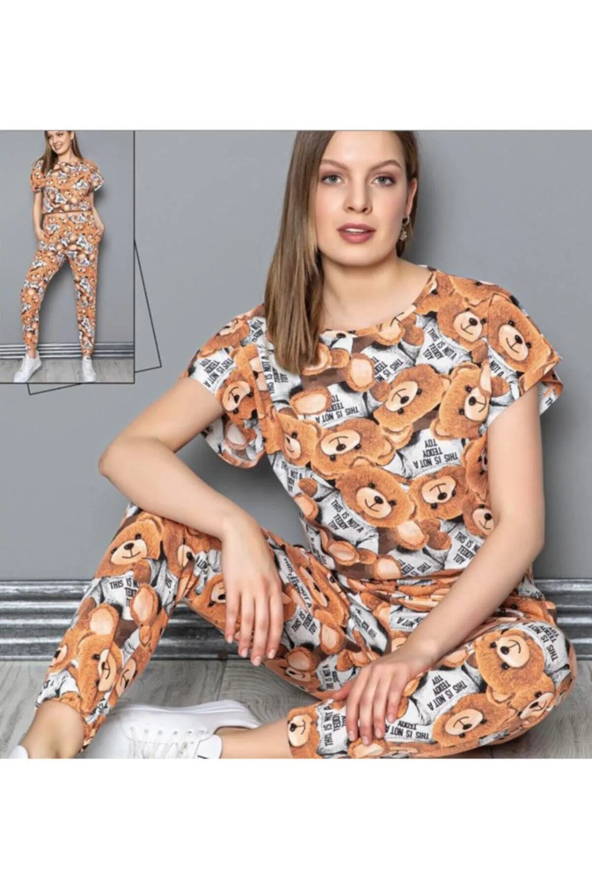 ibeeka  Bad Bear Teddybär-bedrucktes Crop-Top, stilvolles und bequemes Trainingsanzug-Set mit elastischen Beintaschen