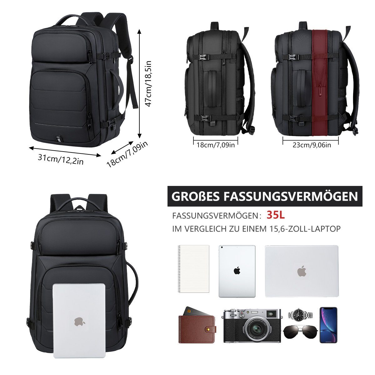 7Magic Reiserucksack Großer Erweiterbarer Laptop Rucksack Schulrucksack Laptoptasche (mit USB Ladeanschluss Anti Diebstahl Business Arbeit Reisen), für Teenager Notebook College Damen, Herren,Schwarz