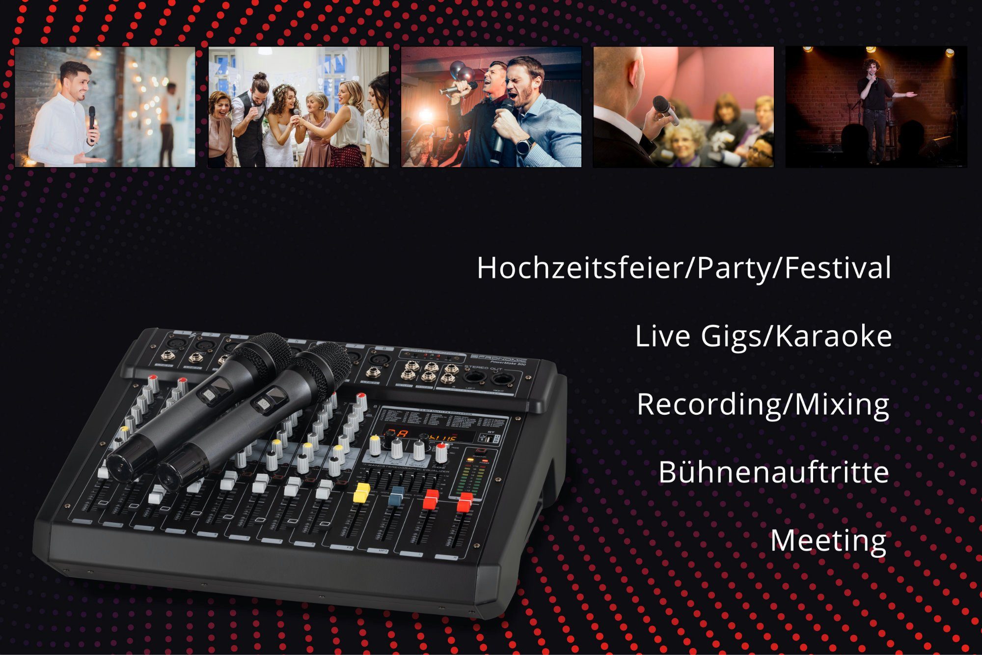 Pronomic Mischpult 8-Kanal-Powermischer 760 Watt RMS-Leistung, (inkl. 2 Funkmikrofone mit integriertem UHF-Empfänger), Bluetooth®/USB-Player/Recorder - Grafischer Equalizer