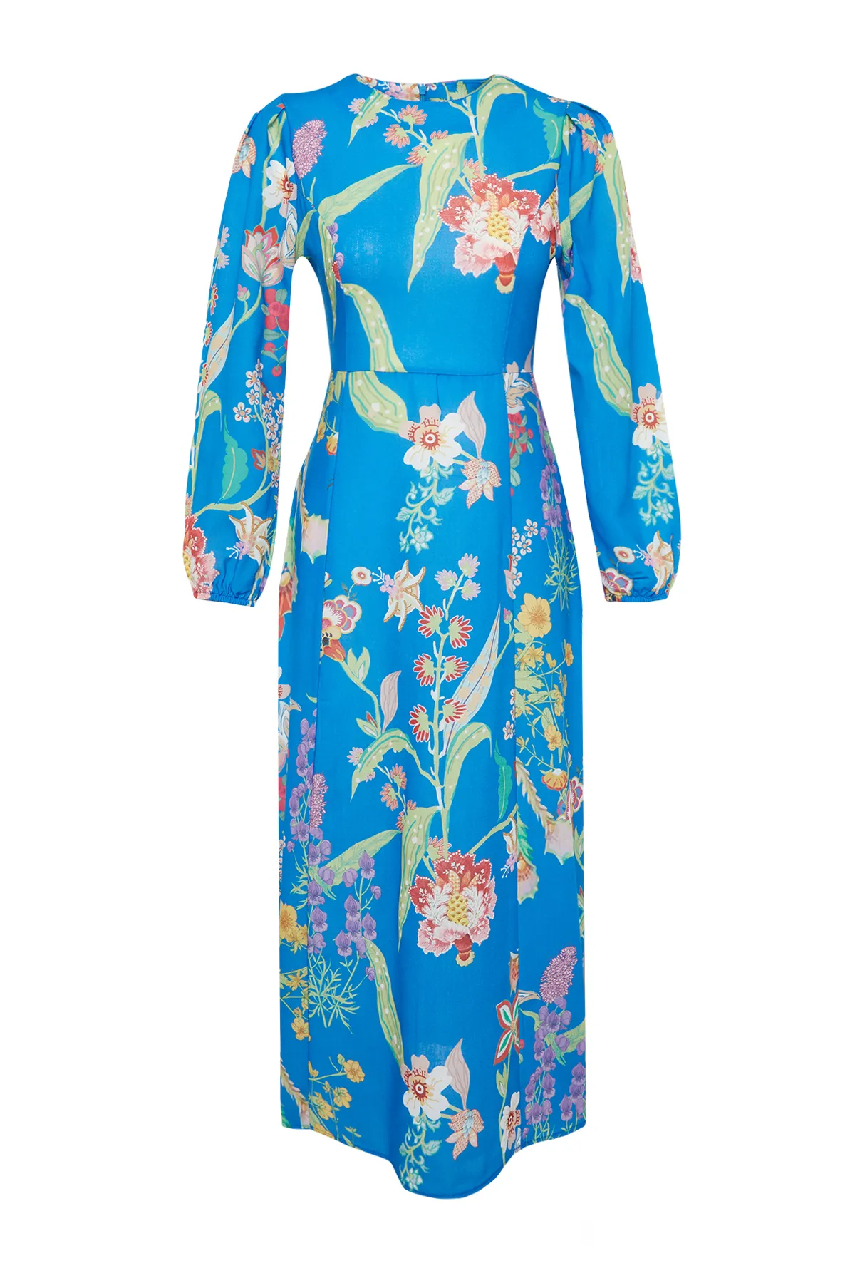 Trendyol Modest  Saks-Kleid in gewebter Leinenoptik mit Blumenmuster TCTSS24EB00102