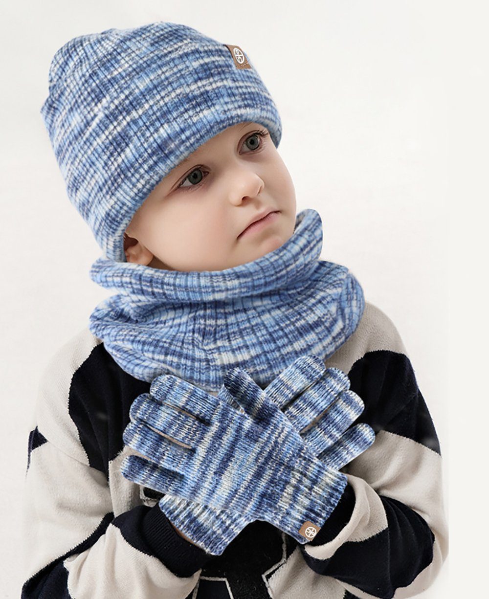 Blusmart Mütze & Schal 3in1 Kinder Wintermütze Schal Handschuhe Set (Winterhandschuh, 3-tlg., Strickmütze) Warmer dreiteiliger Alpaka-Outdoor-Anzug