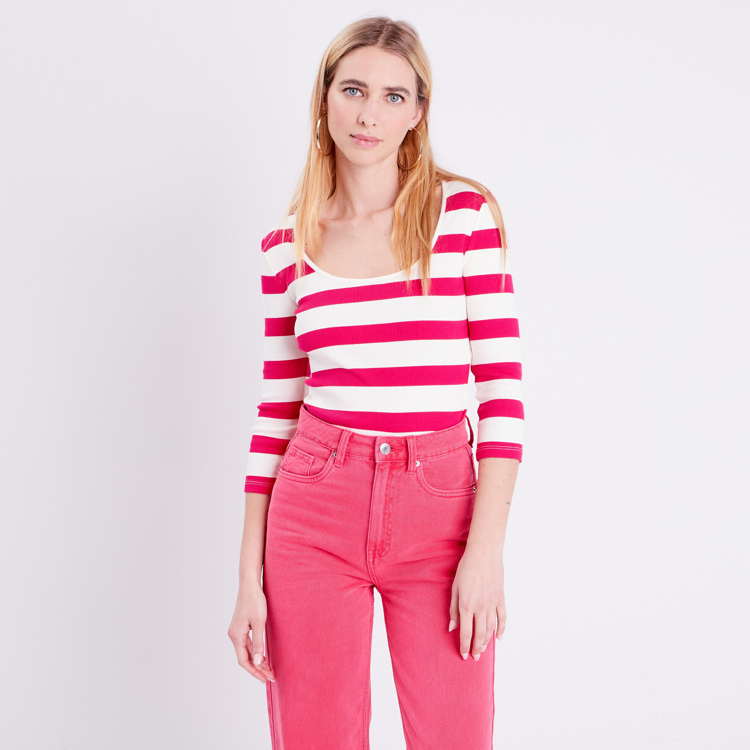 T-shirt manches longues rose vif femme | Cache Cache