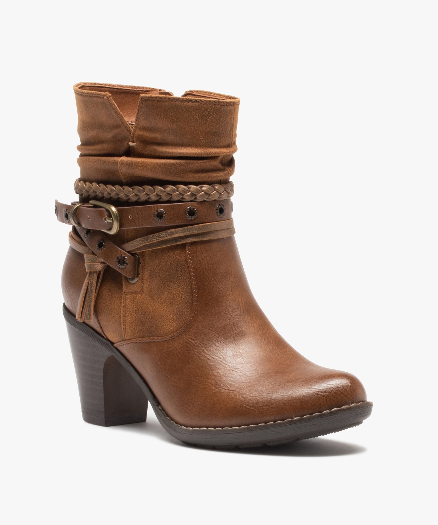 Boots femme à talon rainuré et brides fantaisie camel | GEMO