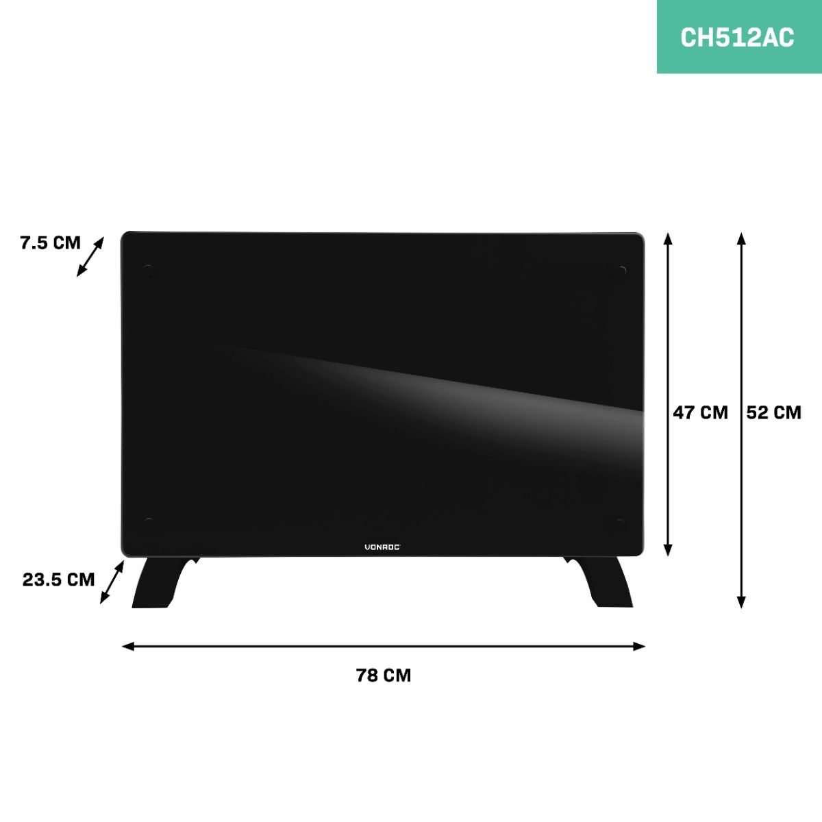 Vonroc 2000 watt Konvektorheizung mit Glasplatte