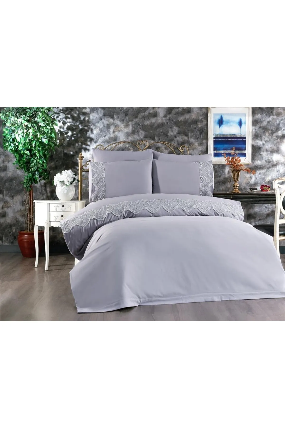 Çeyiz Diyarı  Französisches Spitzen-Hanzade-Mitgift-Bettbezug-Set in Grau