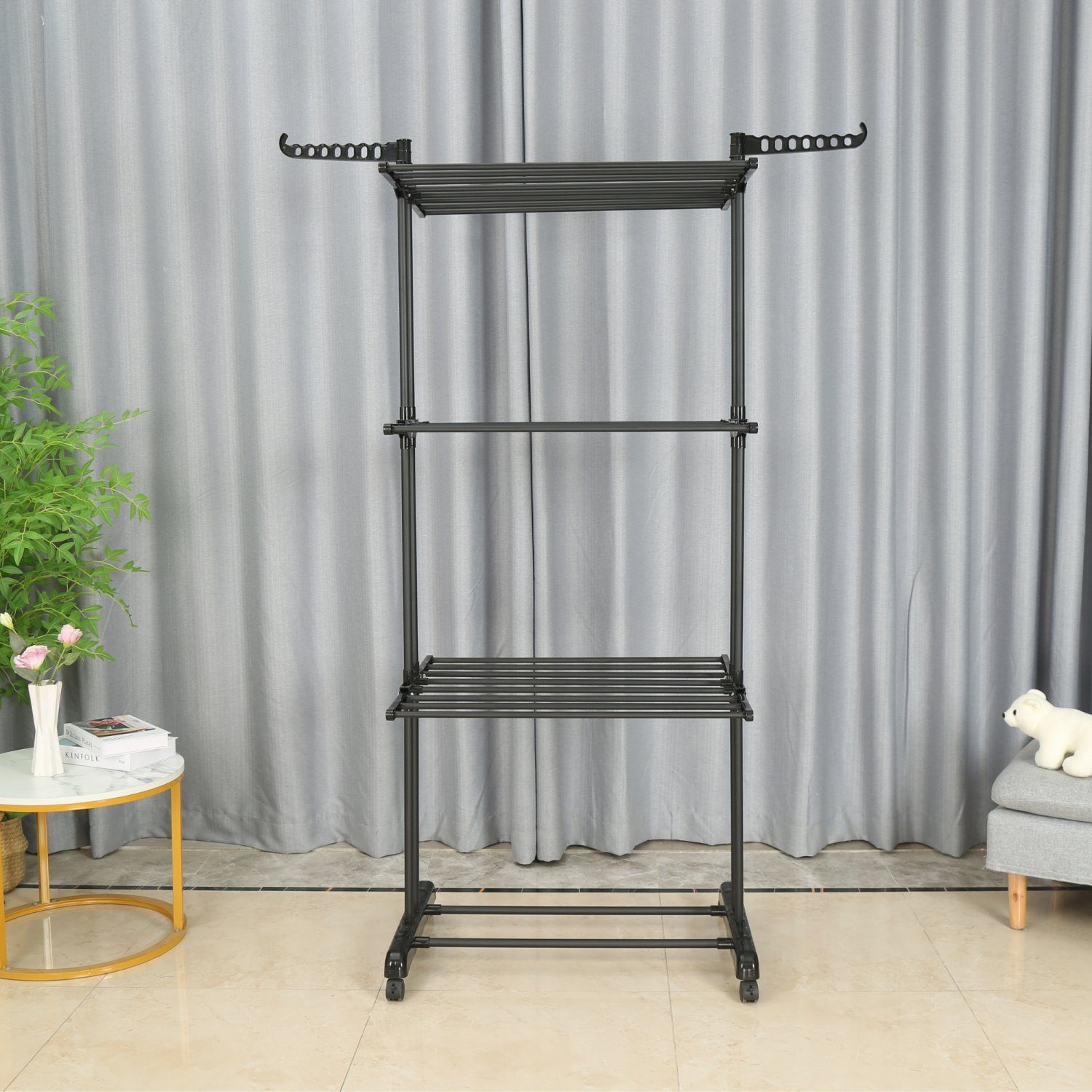 NYVI Turmwäscheständer Wäscheständer Turm LaundryFlex Turmwäscheständer Extra Groß & Stabil, Robuster Edelstahl Platzsparend Einklappbar 360° Räder 50Kg Tragkraft