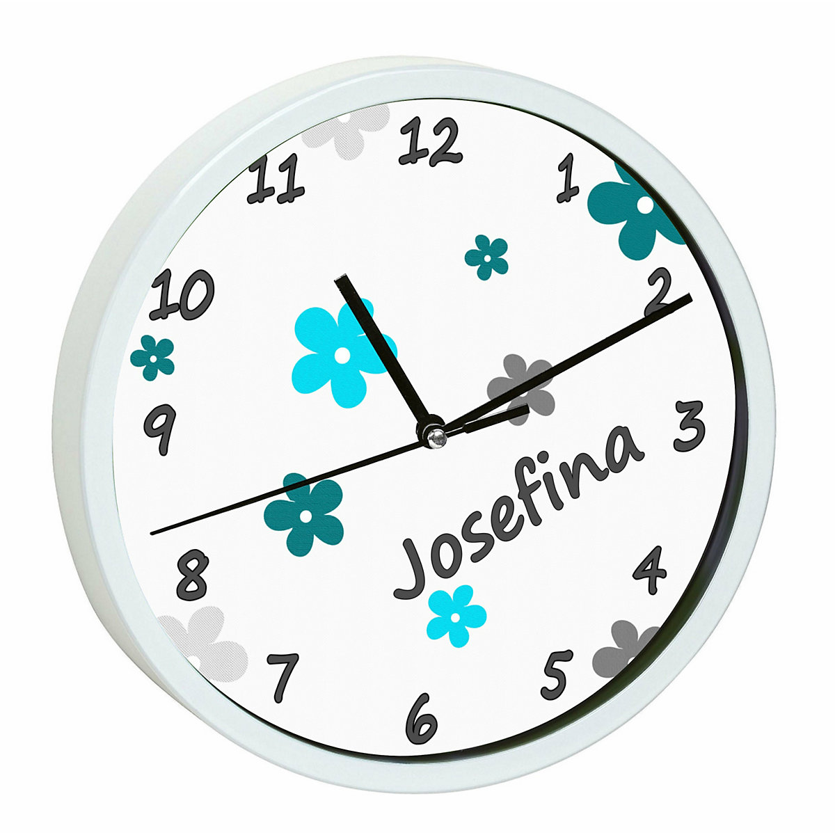 Kinder Wanduhr personalisiert mit Name Blumen Türkis