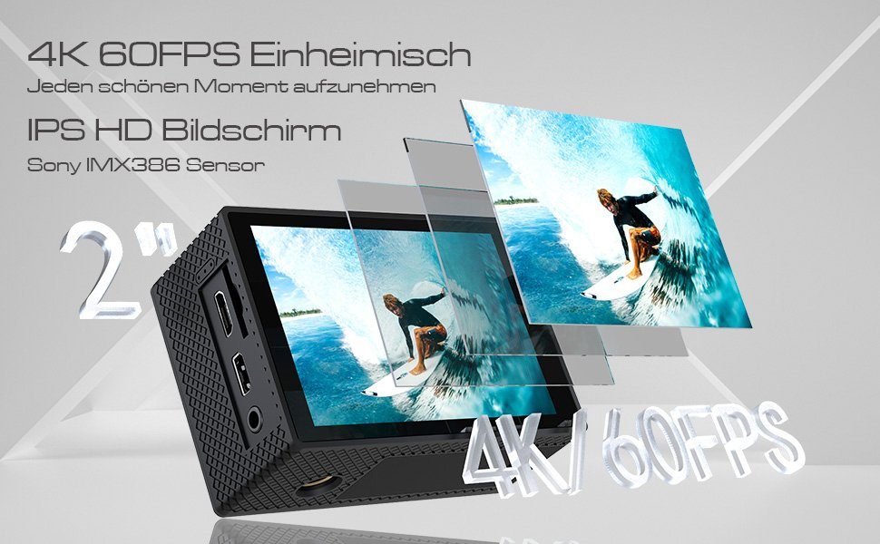 Apexcam X60 Pro Action Cam (1080p, 4K, WLAN (Wi-Fi), 8x opt. Zoom, mit Tasche, zwei Akkus, zwei Ladegeräten, Unterwasserkamera, Fernbedienung, Externes Mikrofon)