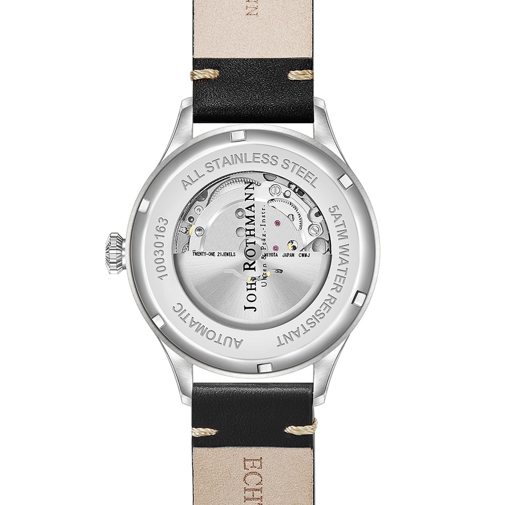 Joh. Rothmann Montre automatique Flight en Argent Cuir véritable en Noir Montre