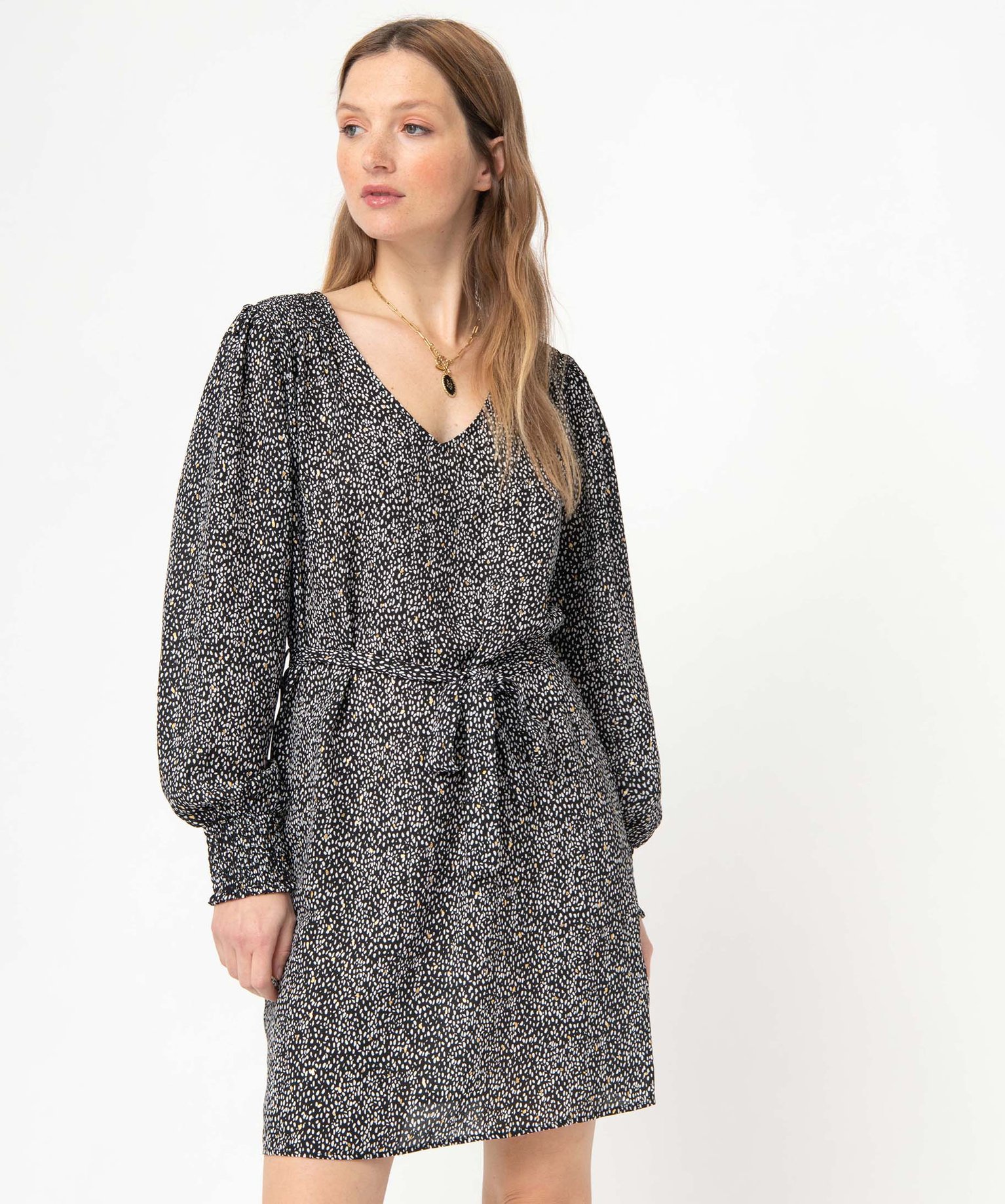 Robe femme imprimée à manches longues avec ceinture imprime | GEMO